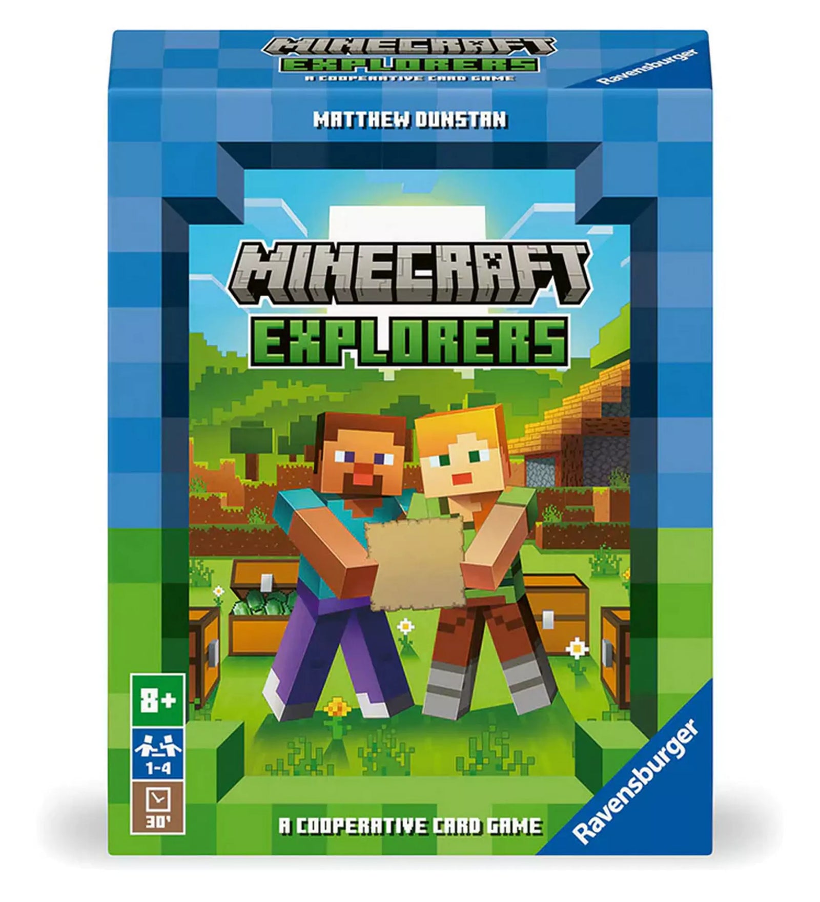 Minecraft Explorers társasjáték doboza, ahol két Minecraft karakter térképet tart, háttérben a Minecraft jellegzetes tájaival. Együttműködő kártyajáték kalandoroknak.