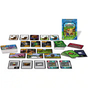 Minecraft Explorers társasjáték doboza és játékkártyák, pixeles Minecraft stílusú grafikai elemekkel és karakterekkel.