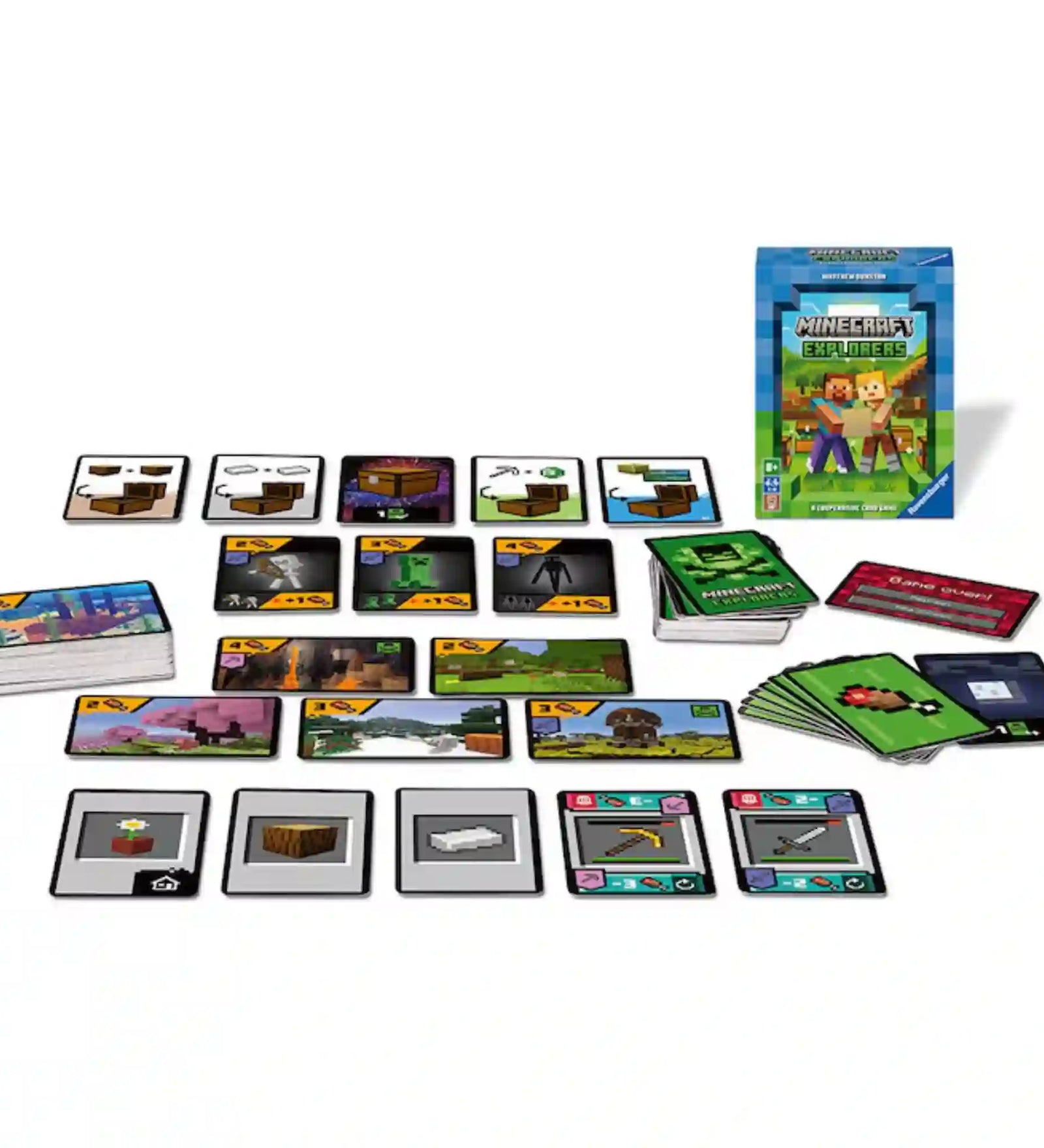 Minecraft Explorers társasjáték doboza és játékkártyák, pixeles Minecraft stílusú grafikai elemekkel és karakterekkel.