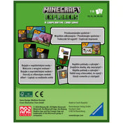 Minecraft Explorers társasjáték dobozának hátoldala, játékmenet bemutatásával, kártyákkal és játékelemekkel illusztrálva.