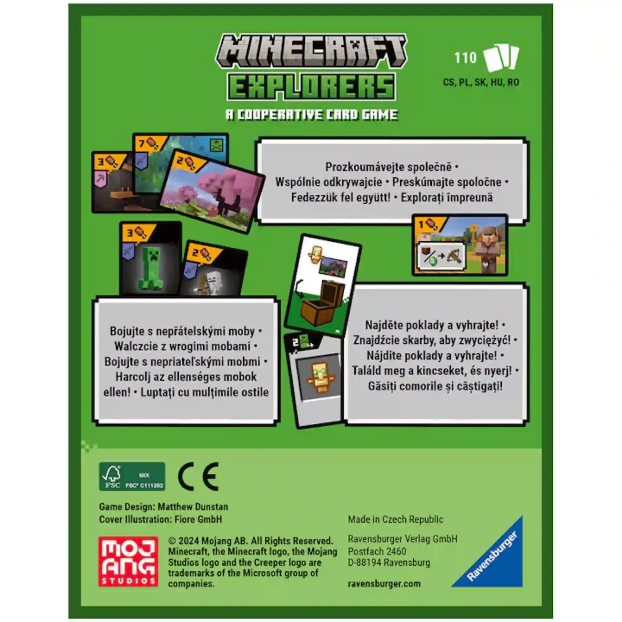 Minecraft Explorers társasjáték dobozának hátoldala, játékmenet bemutatásával, kártyákkal és játékelemekkel illusztrálva.