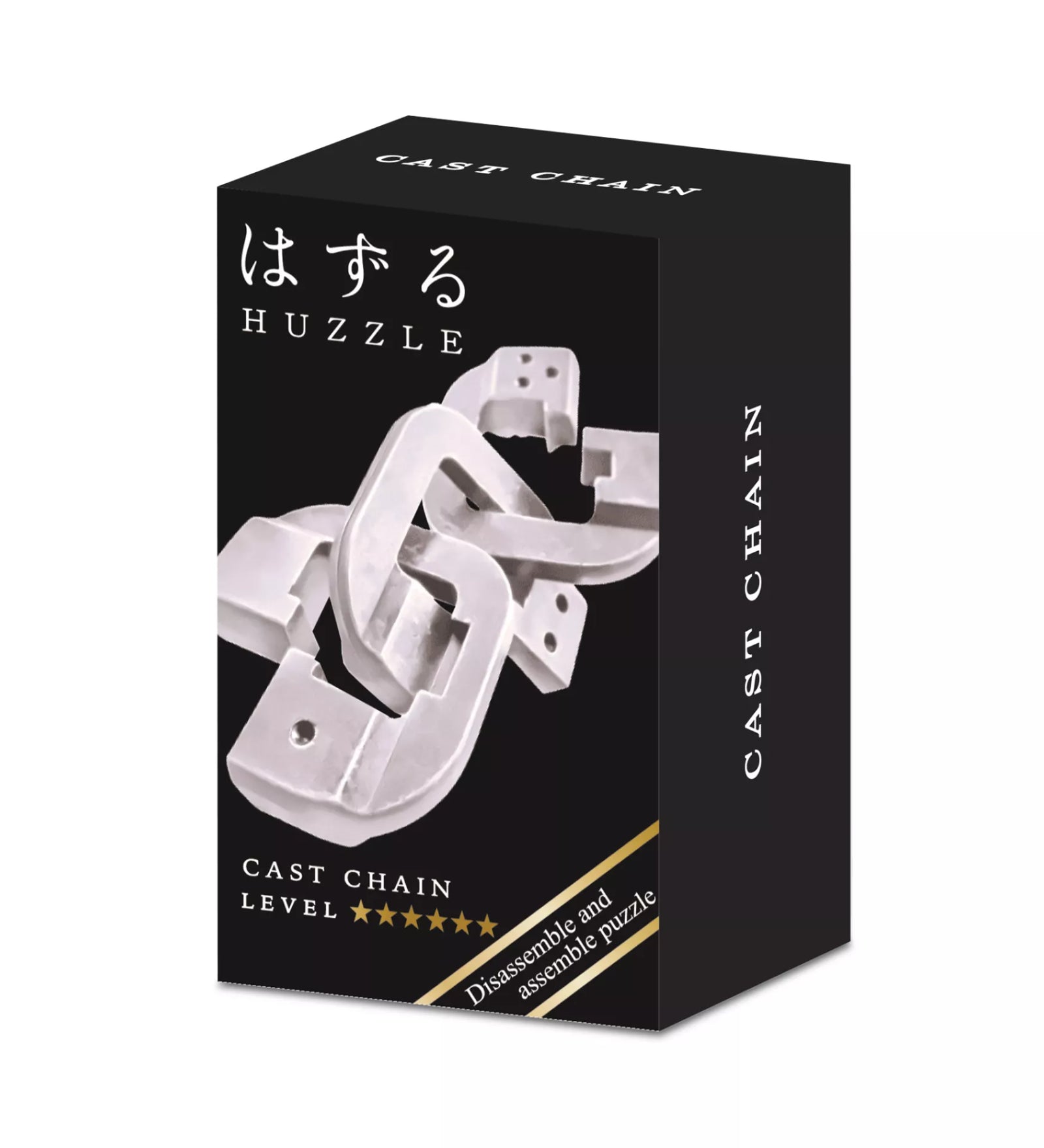 Huzzle Cast Chain ezüst színű logikai játék doboza, fekete háttérrel és a játék képével.