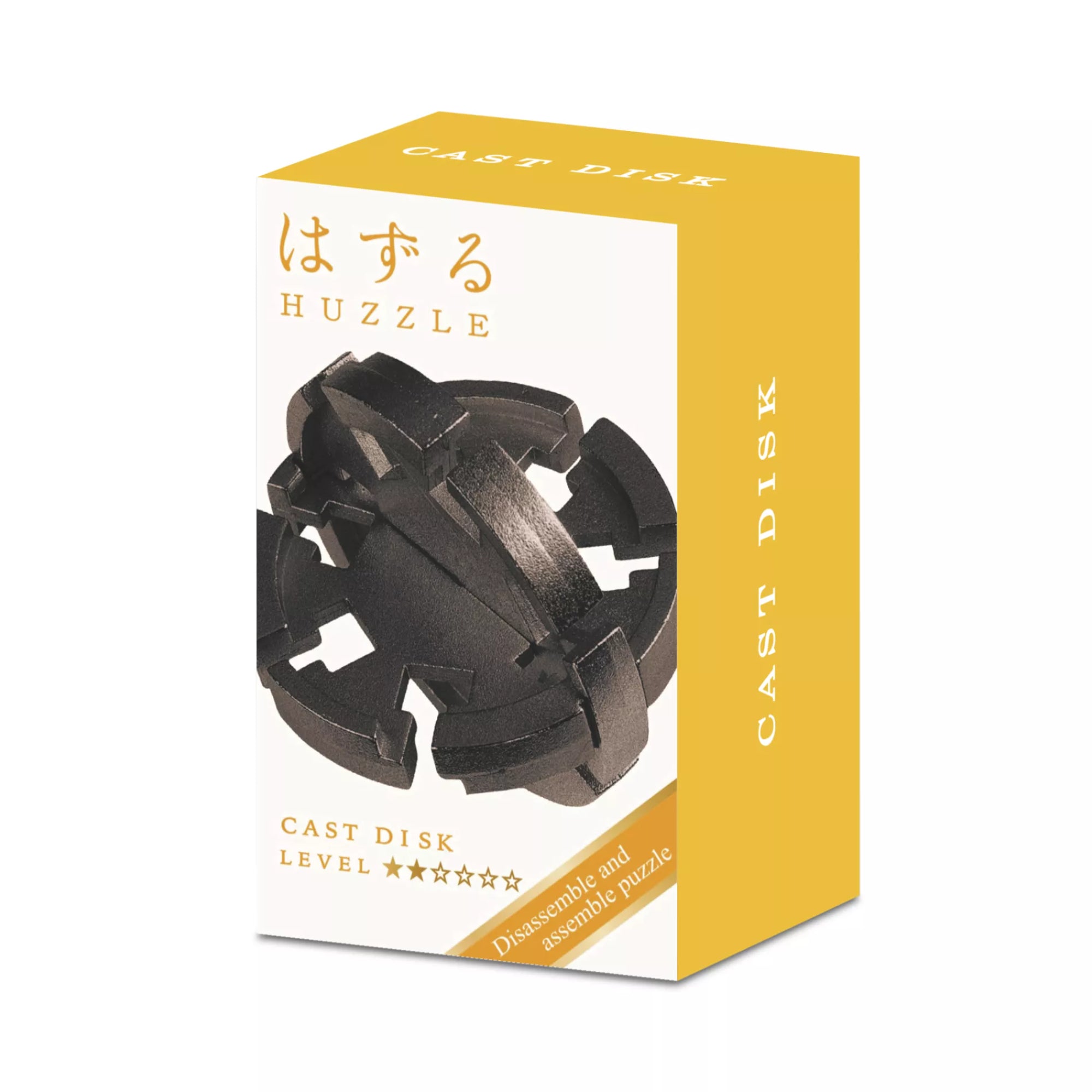 Huzzle Cast Disk logikai játék doboza, fehér-sárga dizájnnal és a fekete fém puzzle képével az elején.