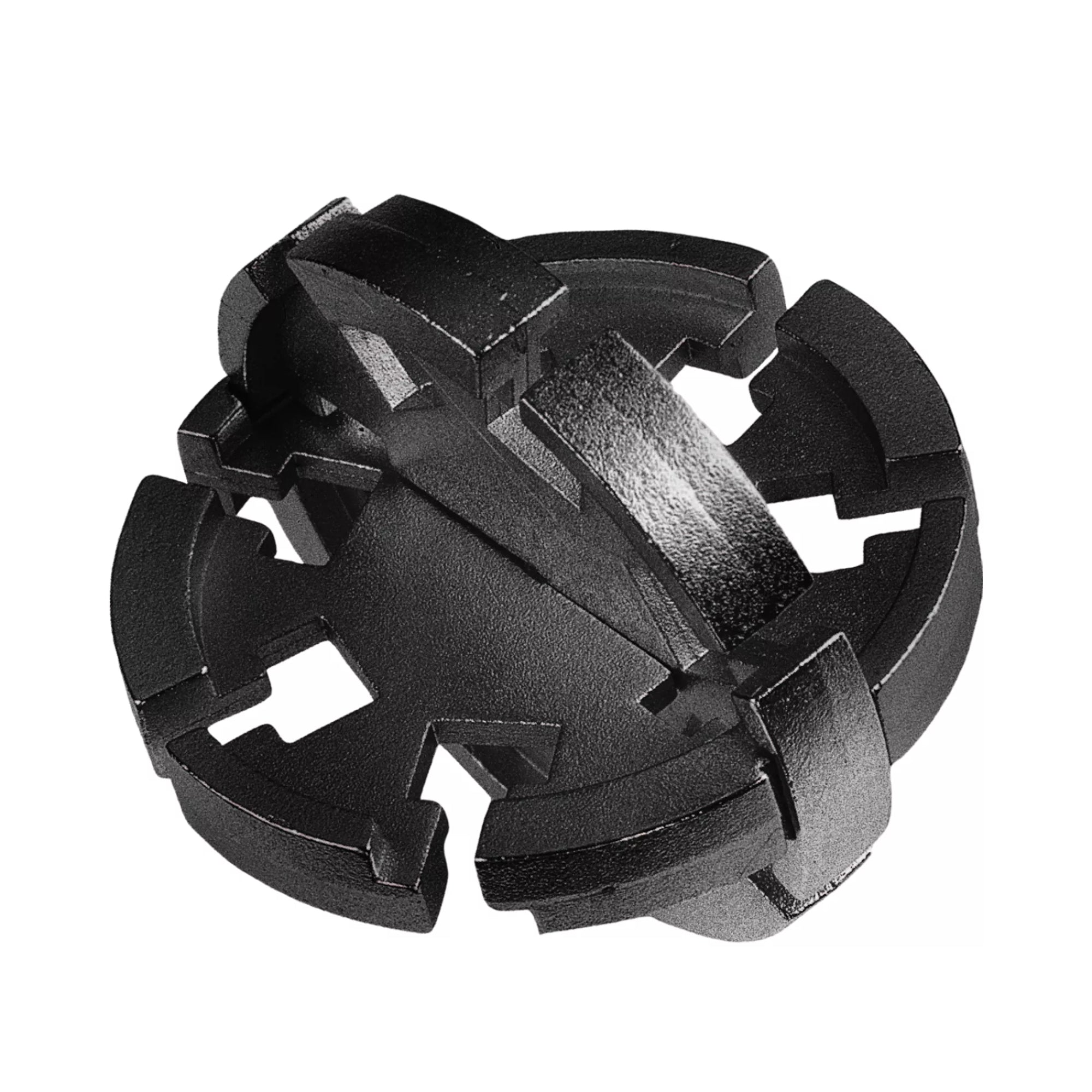 „Huzzle Cast Disk logikai fém fejtörő fekete színben, összeszerelt állapotban egy bonyolult kör alakú mechanizmus látható.