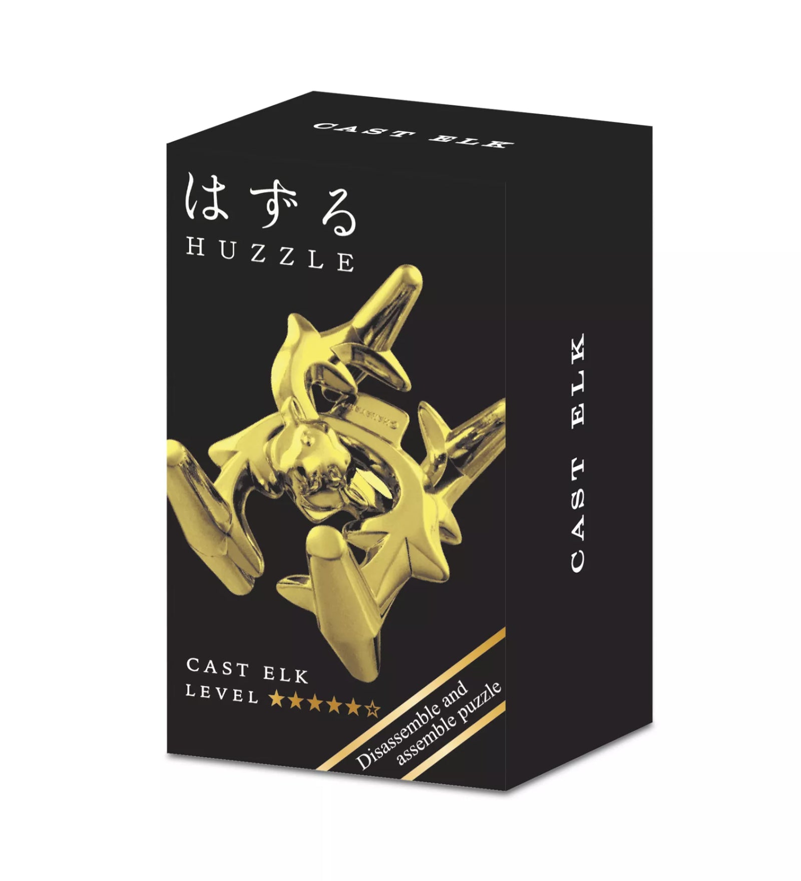 A Huzzle Cast Elk doboza fekete háttérrel, rajta a kirakó összefonódott darabjai és az aranyszínű “Disassemble and assemble puzzle” felirat.