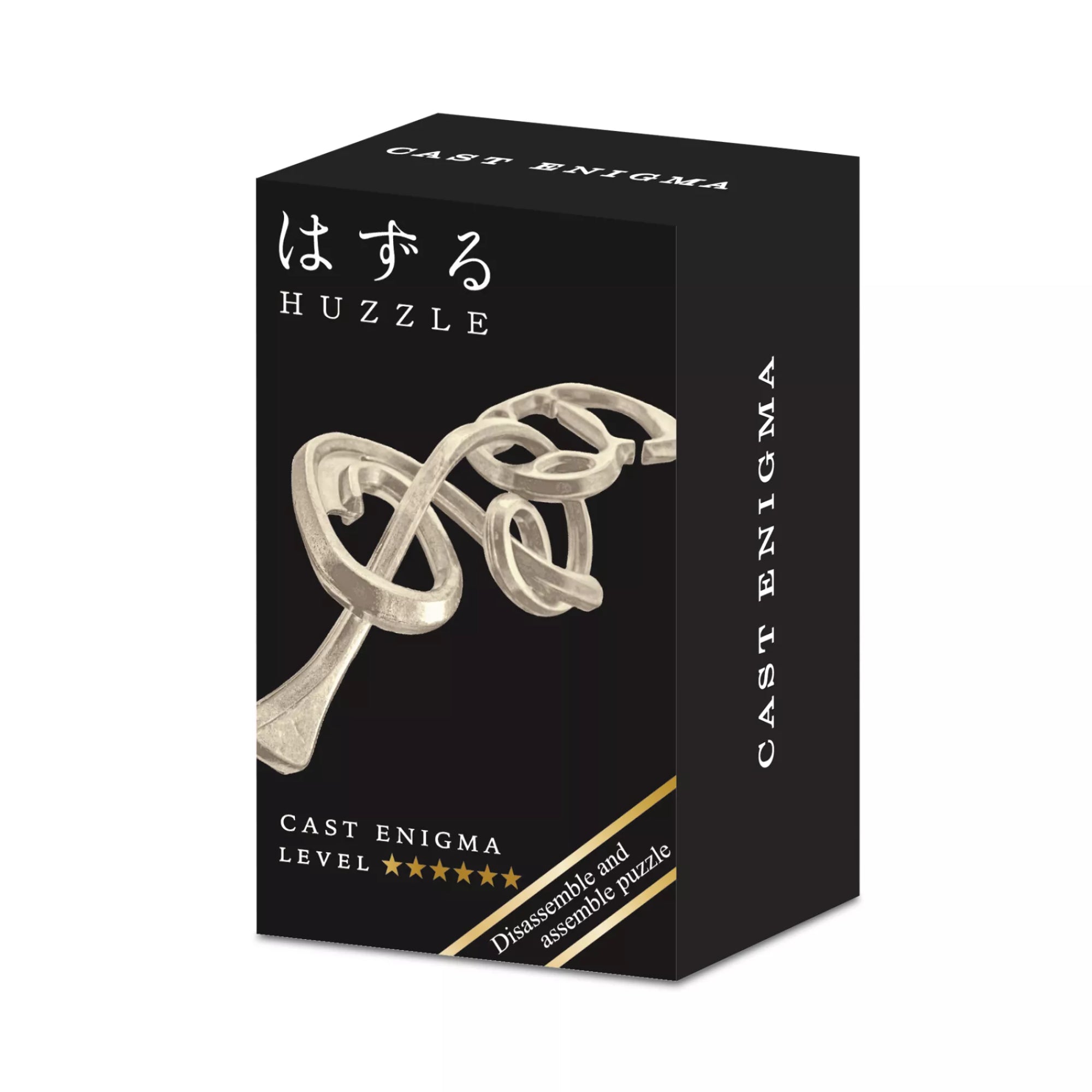 A Huzzle Cast Enigma doboza, amely a kirakó összerakott állapotát mutatja, fekete háttéren, arany szöveggel kiemelve a nehézségi szintet és a „disassemble and assemble puzzle” feliratot.
