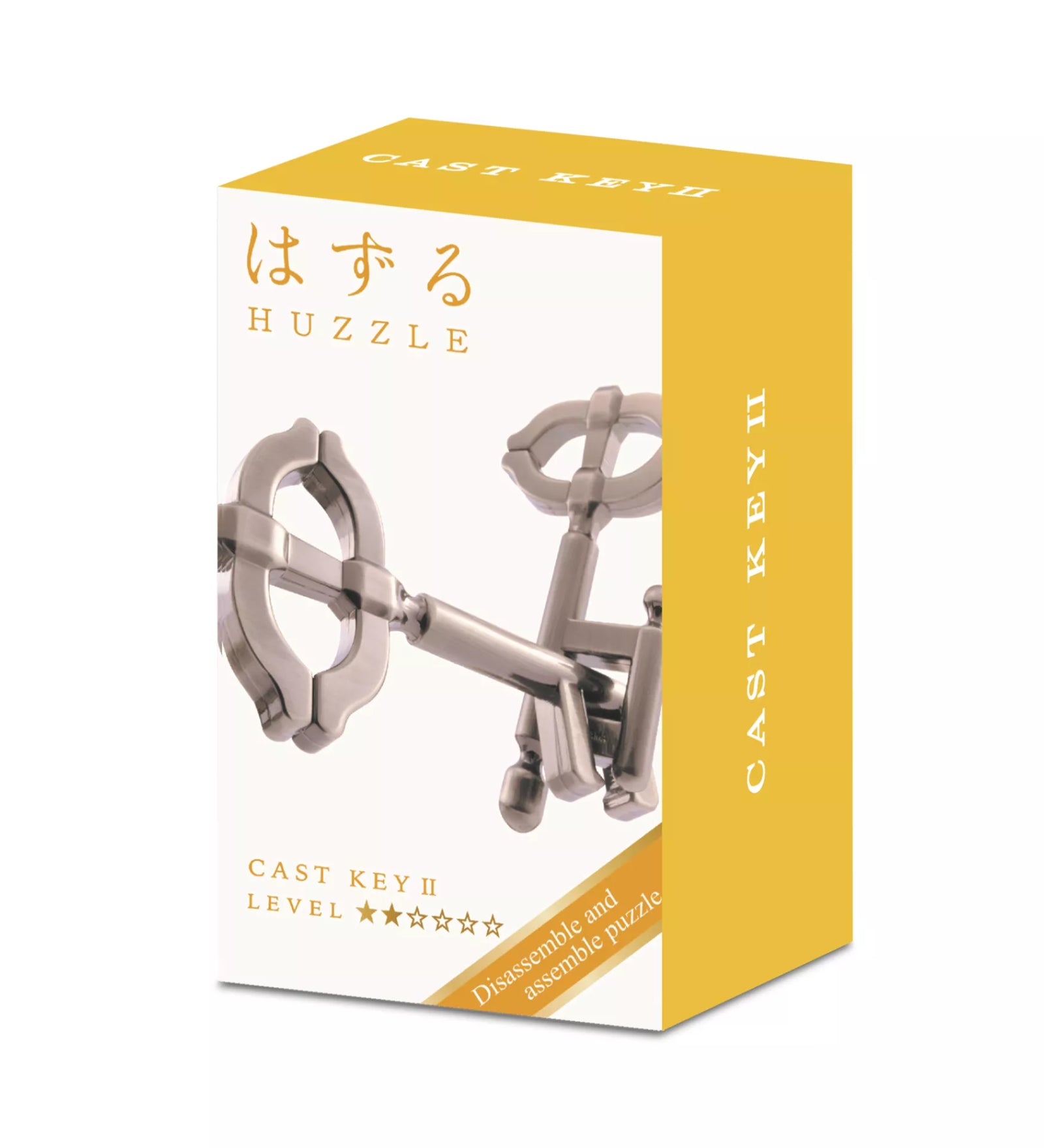 A Huzzle Cast Key II doboza sárga-fehér színvilággal, rajta a kirakó fényképe és a nehézségi szintet jelző ötcsillagos értékelés.