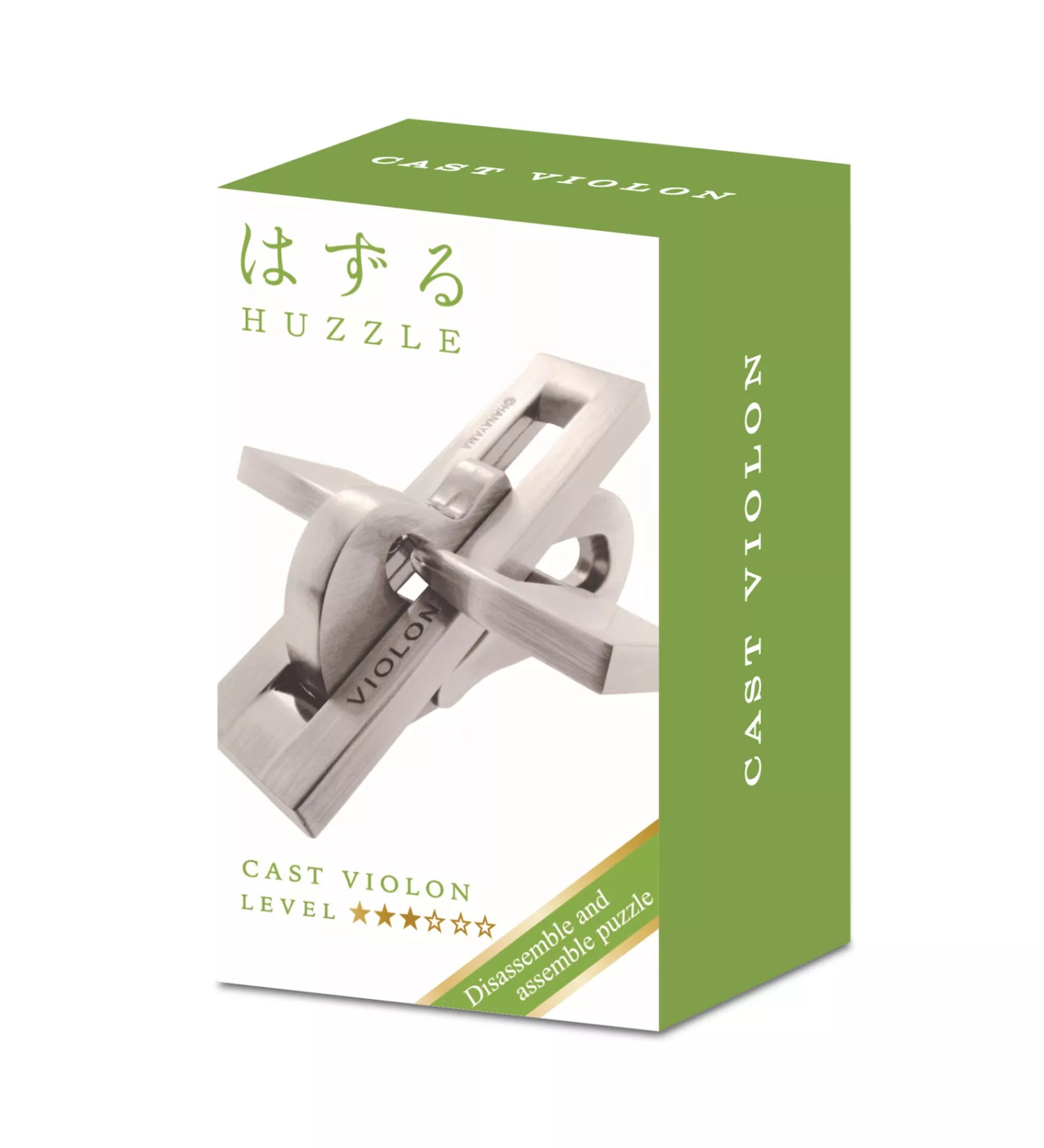 A Huzzle Cast Violon csomagolása zöld-fehér színvilágban, a doboz elején a játék képe, valamint a nehézségi szint és a “Disassemble and assemble puzzle” felirat