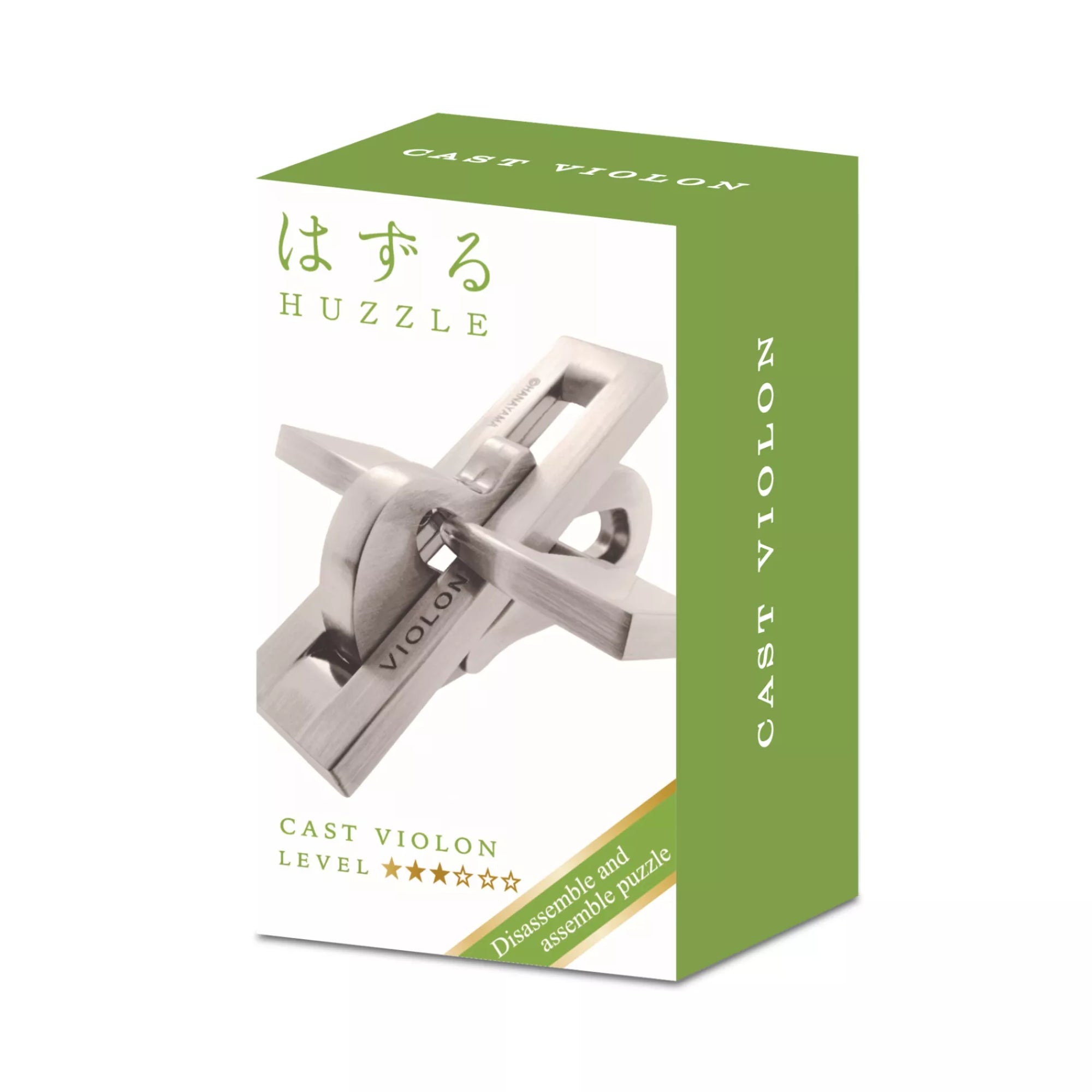 A Huzzle Cast Violon csomagolása zöld-fehér színvilágban, a doboz elején a játék képe, valamint a nehézségi szint és a “Disassemble and assemble puzzle” felirat