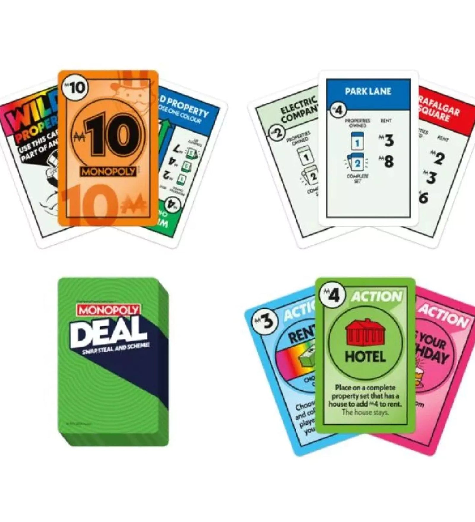 A Monopoly Deal játékkártyái szétterítve – látható pénzkártya, tulajdonlapok, akciókártyák, valamint a hátlapos pakli.