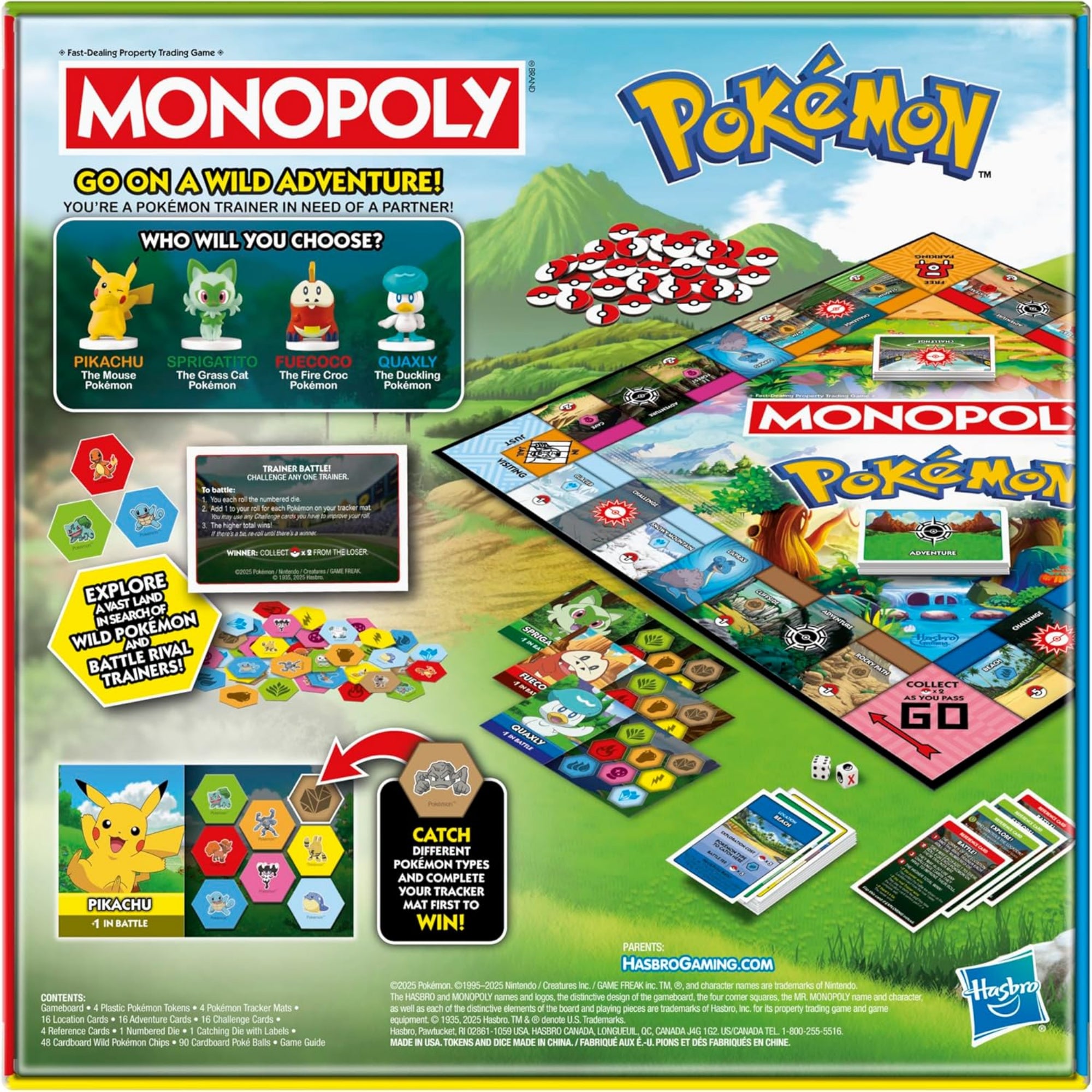 Monopoly Pokémon doboz hátoldala, ahol látható a játéktábla, kártyák, bábuk és a játék menete.