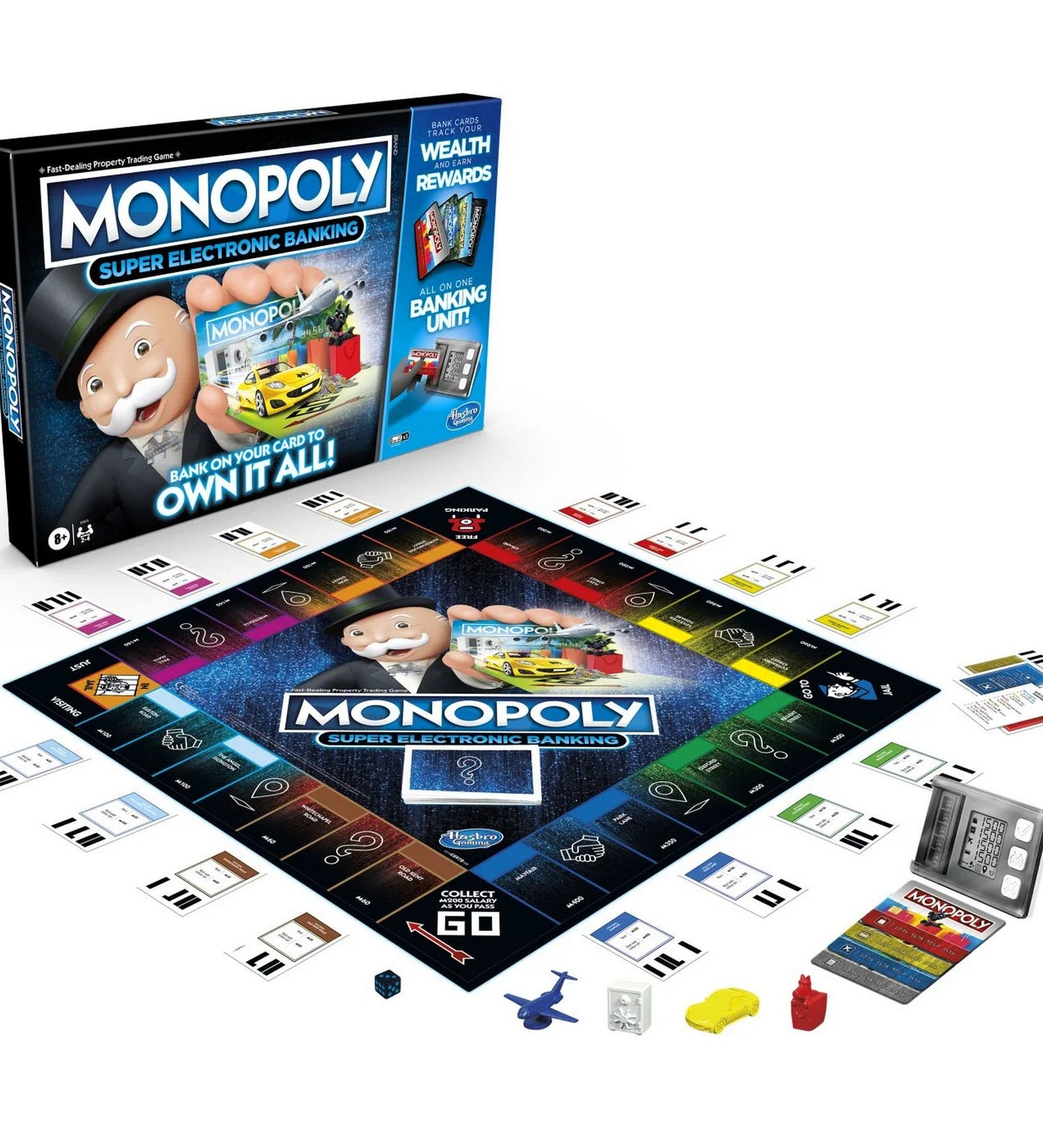 „Monopoly Super Electronic Banking doboza a teljes játéktáblával, bábukkal és elektronikus bankegységgel bemutatva.”