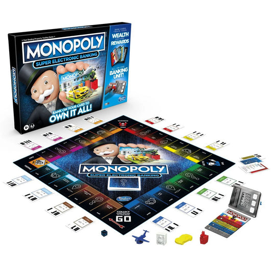 „Monopoly Super Electronic Banking doboza a teljes játéktáblával, bábukkal és elektronikus bankegységgel bemutatva.”
