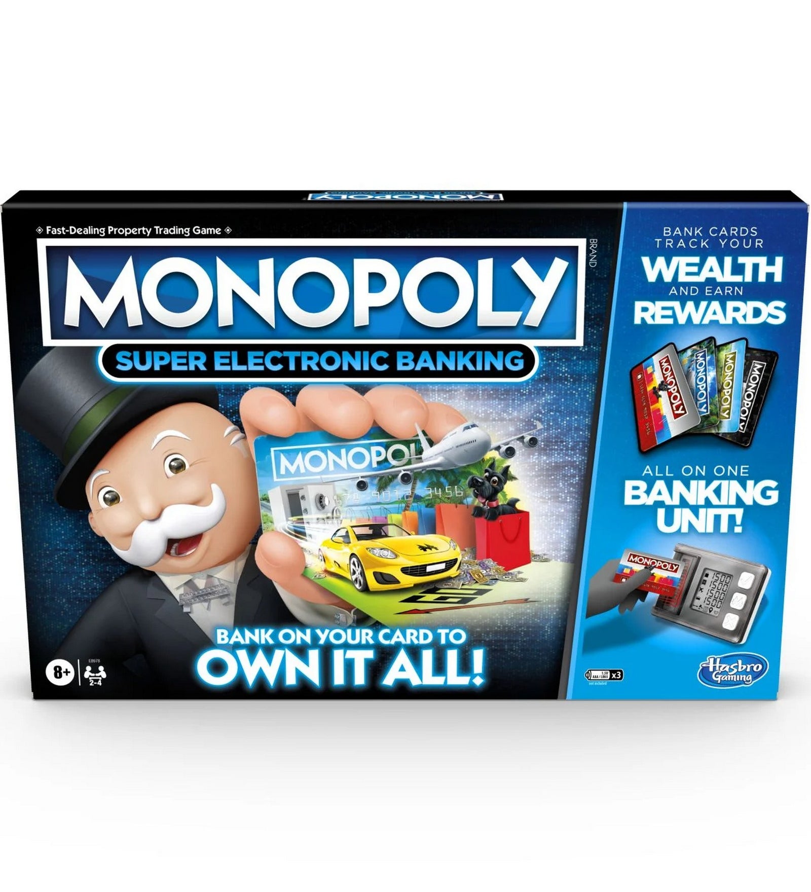„Monopoly Super Electronic Banking társasjáték doboza: Mr. Monopoly figurája, bankkártyák, elektronikus bankegység és modern grafika.”