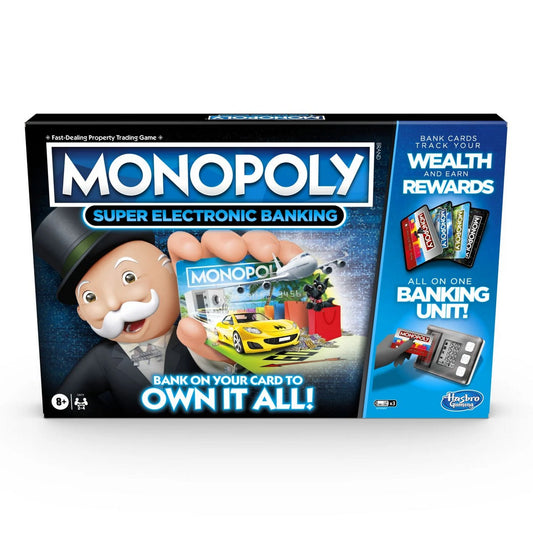 „Monopoly Super Electronic Banking társasjáték doboza: Mr. Monopoly figurája, bankkártyák, elektronikus bankegység és modern grafika.”