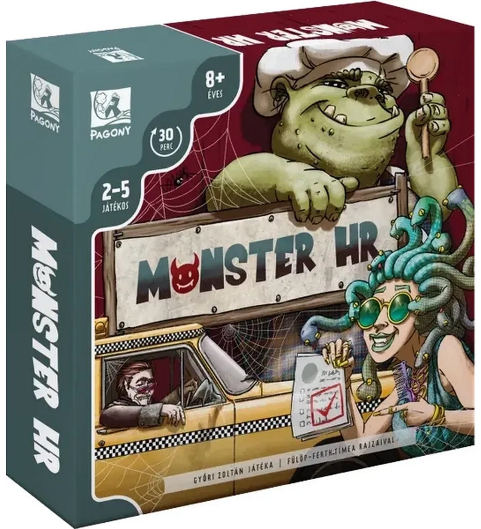 A Monster HR társasjáték dobozának előlapja, rajta egy mosolygó Medúza és egy ogre karakter, akik szörnyeket toboroznak egy vicces, munkahelyi témájú kalandhoz.