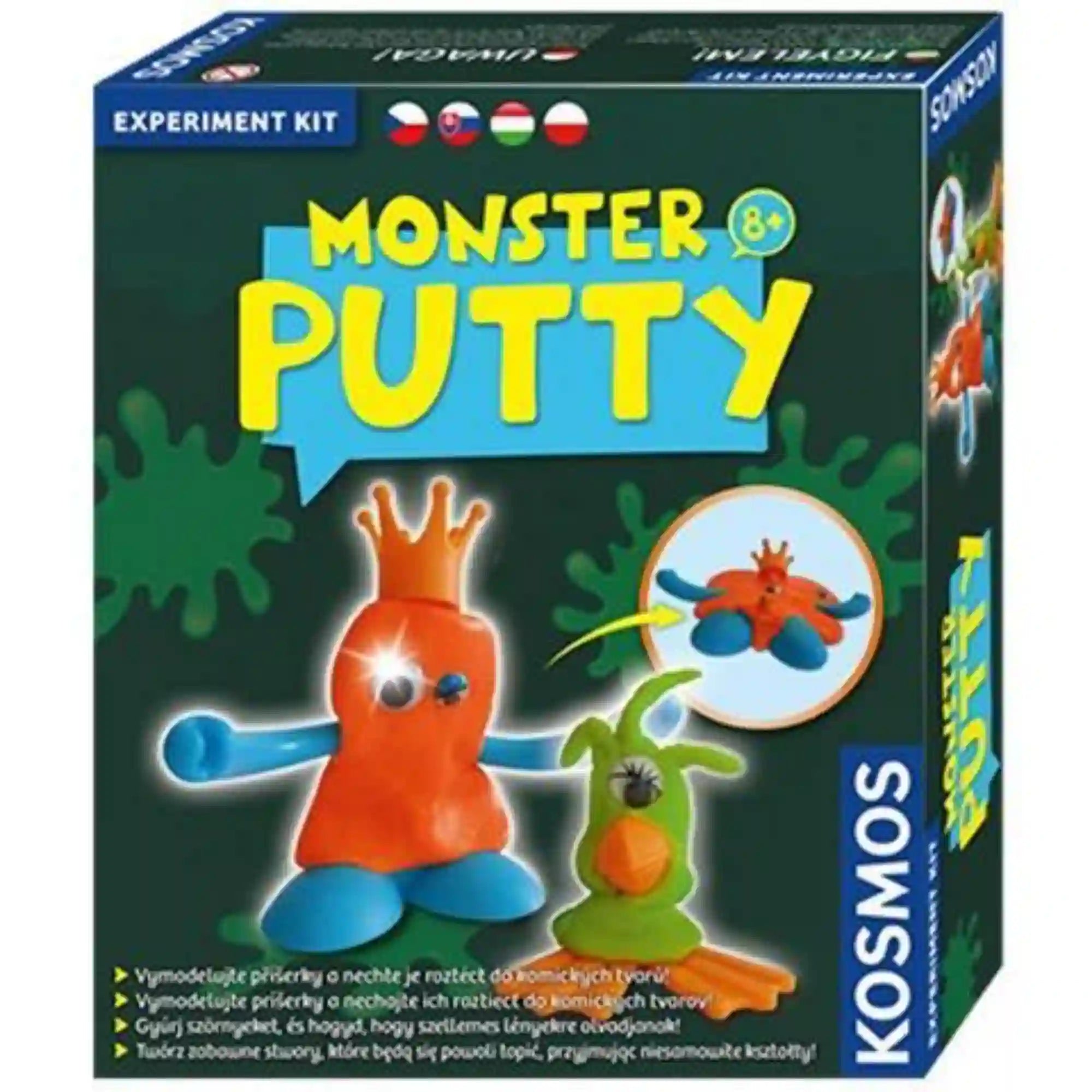 Monster Putty felfedező készlet doboz, ahol színes, formázható slime figurák láthatók vidám szörny kinézettel, kreatív játékhoz.