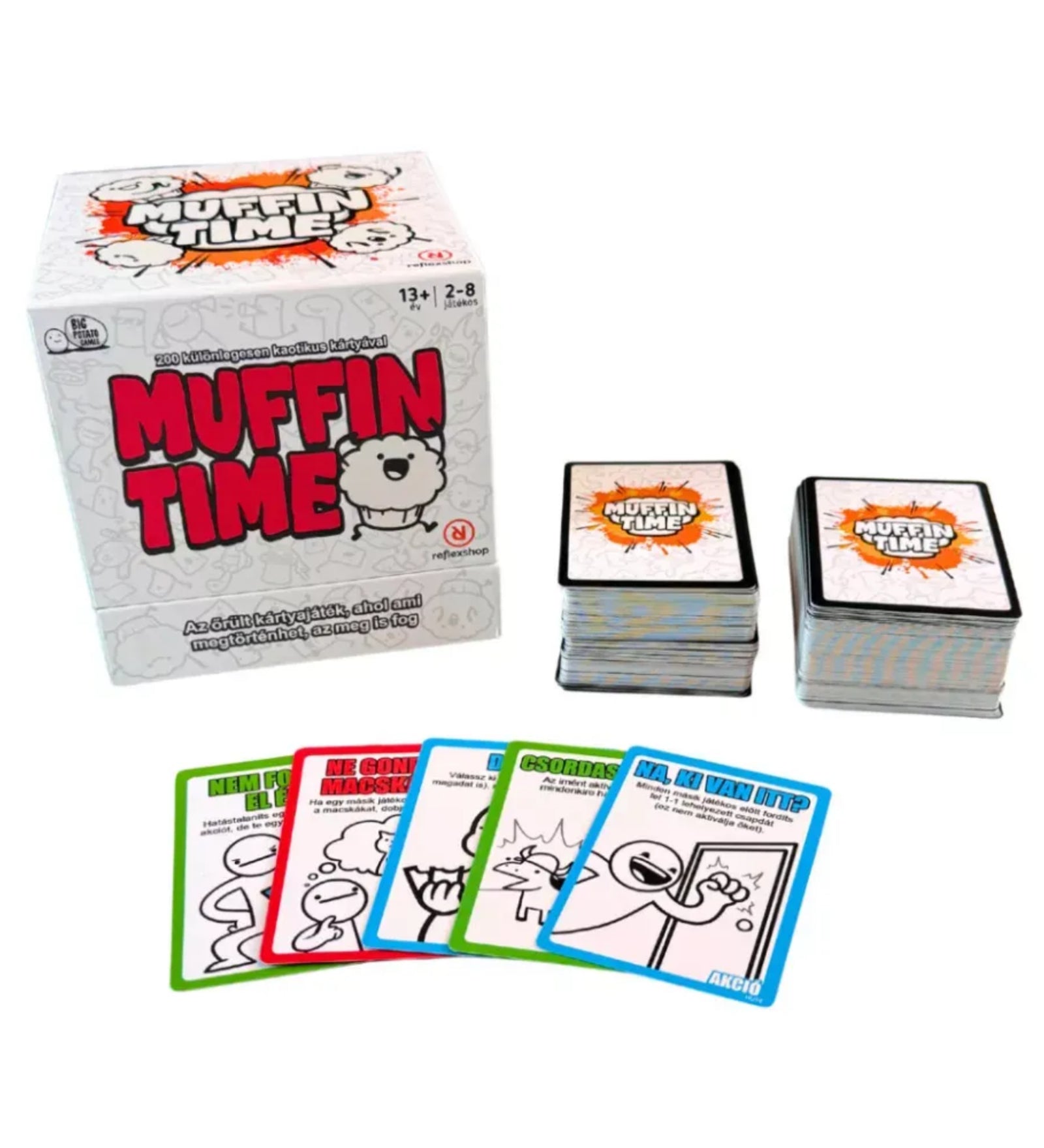 Muffin Time társasjáték doboza a kártyapaklikkal és néhány illusztrált akció-, kontra- és csapdakártyával kirakva