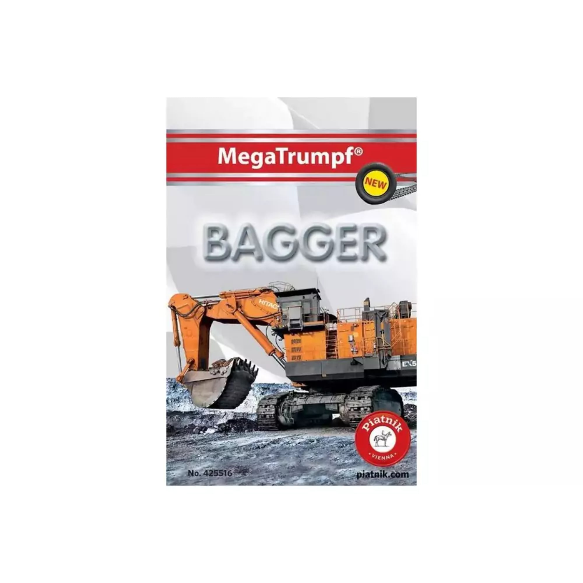 A képen a MegaTrumpf „Bagger” (azaz „Kotrók”) kártyajáték doboza látható, amelyet a Piatnik adott ki. A borítón egy hatalmas, narancssárga Hitachi lánctalpas kotrógép szerepel, amely épp egy kanálnyi földet emel ki. A doboz tetején a piros sávban a játék neve olvasható, mellette pedig a „NEW” (új) jelzés hívja fel a figyelmet az újdonságra. A Piatnik logója a jobb alsó sarokban található. 