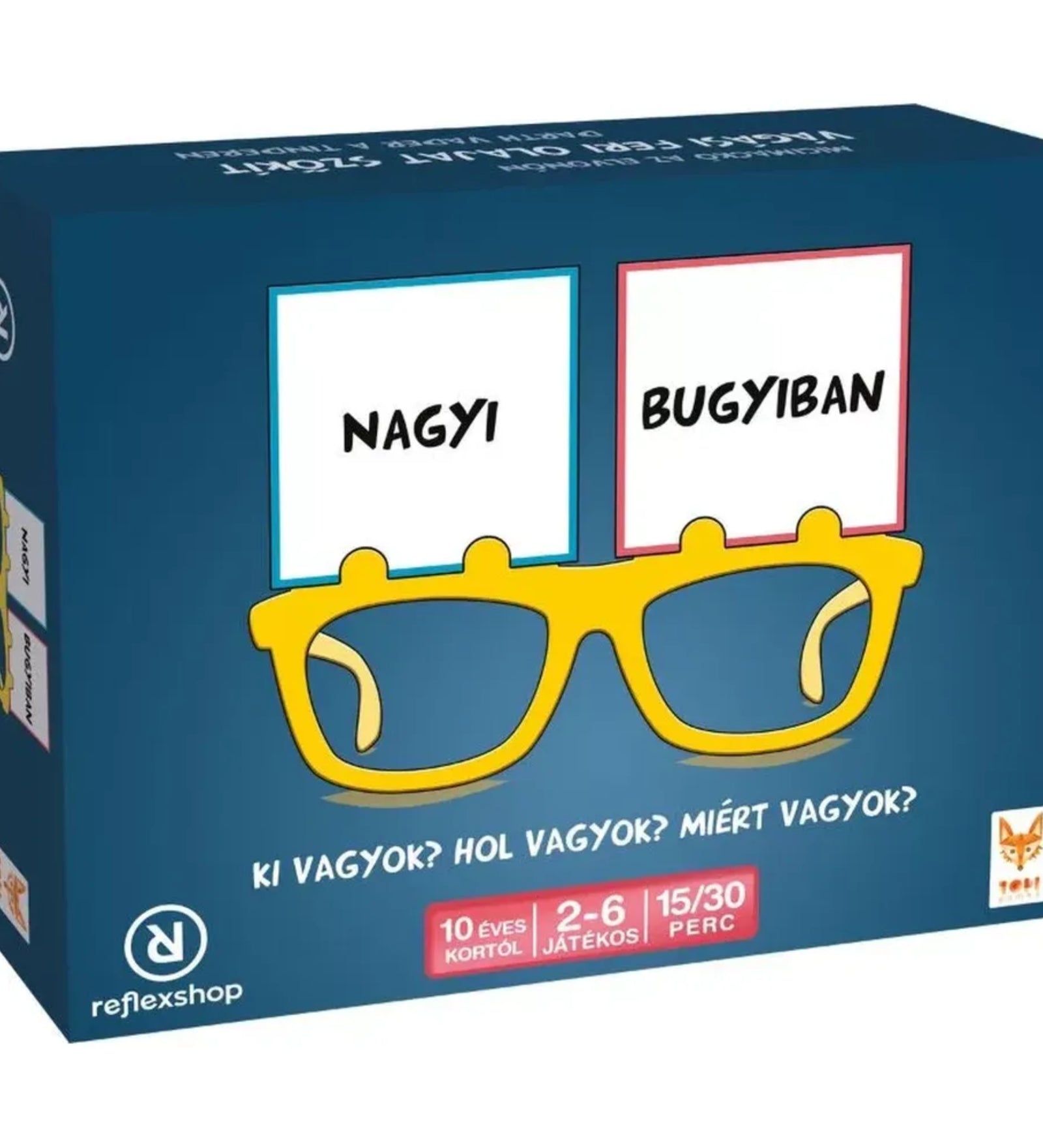 Nagyi bugyiban magyar nyelvű társasjáték doboza elölnézetből, jellegzetes szemüveges grafikával, „Ki vagyok? Hol vagyok?” partijáték felirattal és 2–6 játékos ikonokkal.
