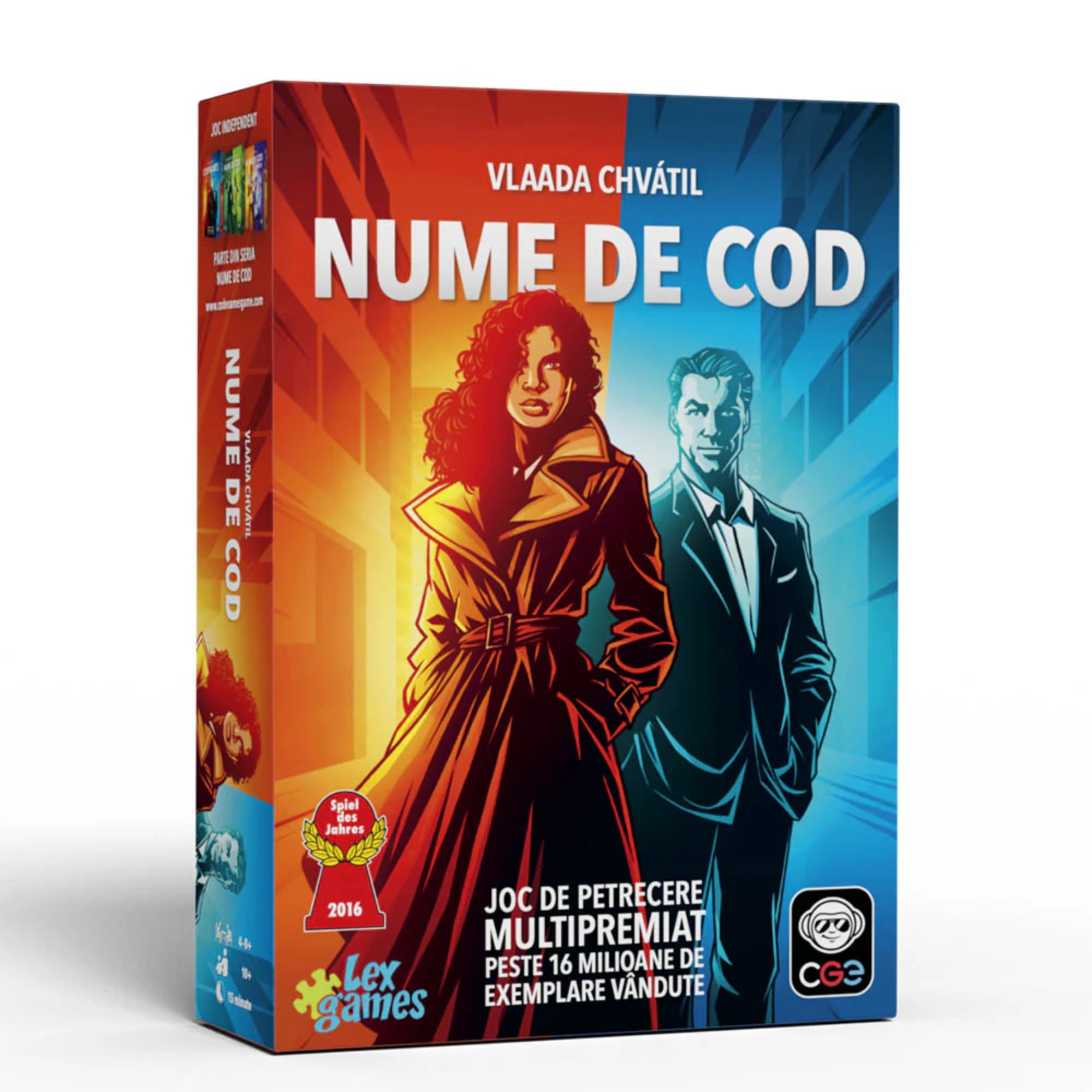 Első kép: A Nume de cod társasjáték doboza, amelyen két titkos ügynök látható – egy nő és egy férfi – piros és kék háttér előtt, a játék címe és a „Spiel des Jahres 2016” díj logója mellett.