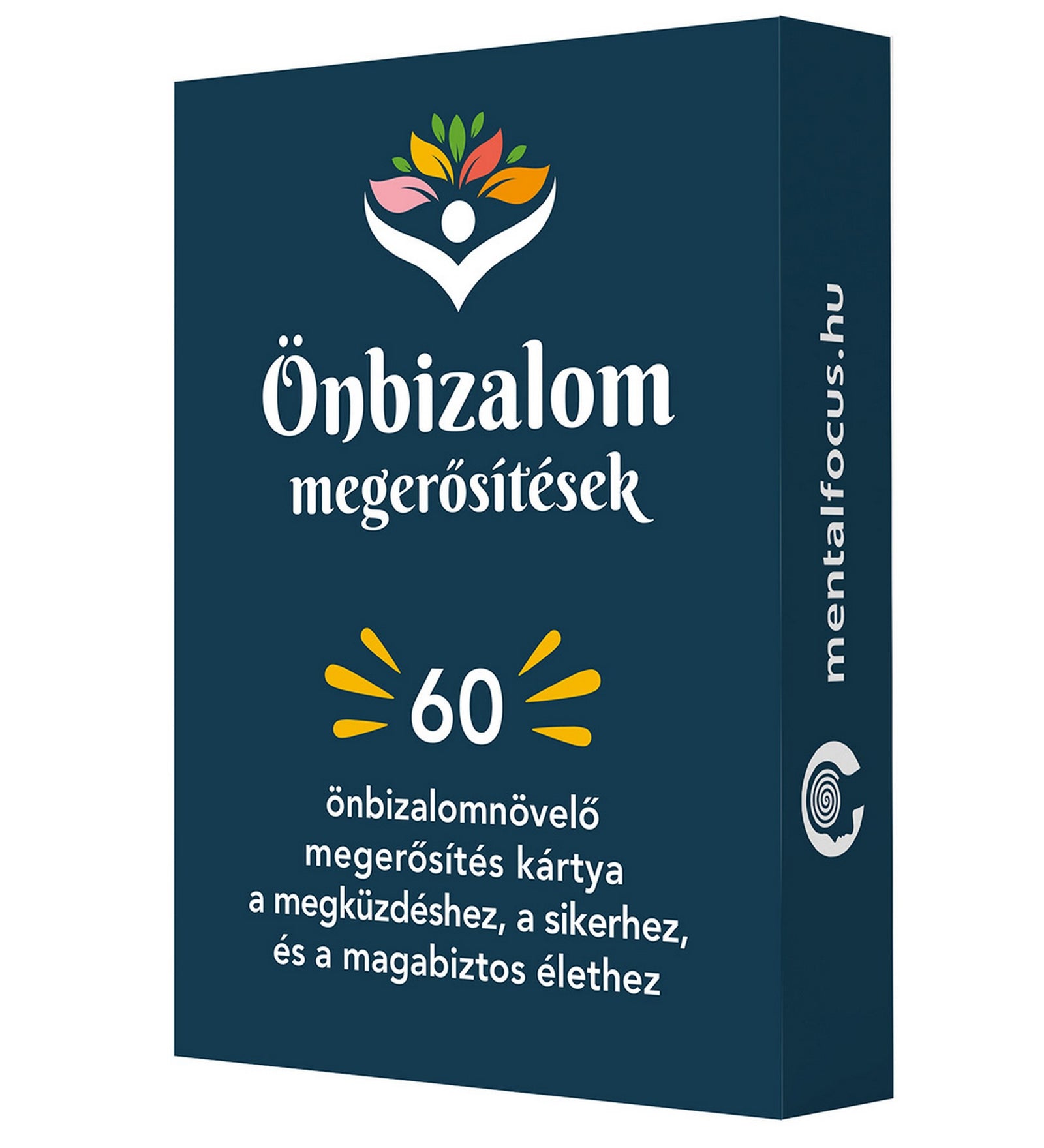 Önbizalom megerősítések doboza sötétkék színben, 60 önbizalomnövelő megerősítő kártyával.