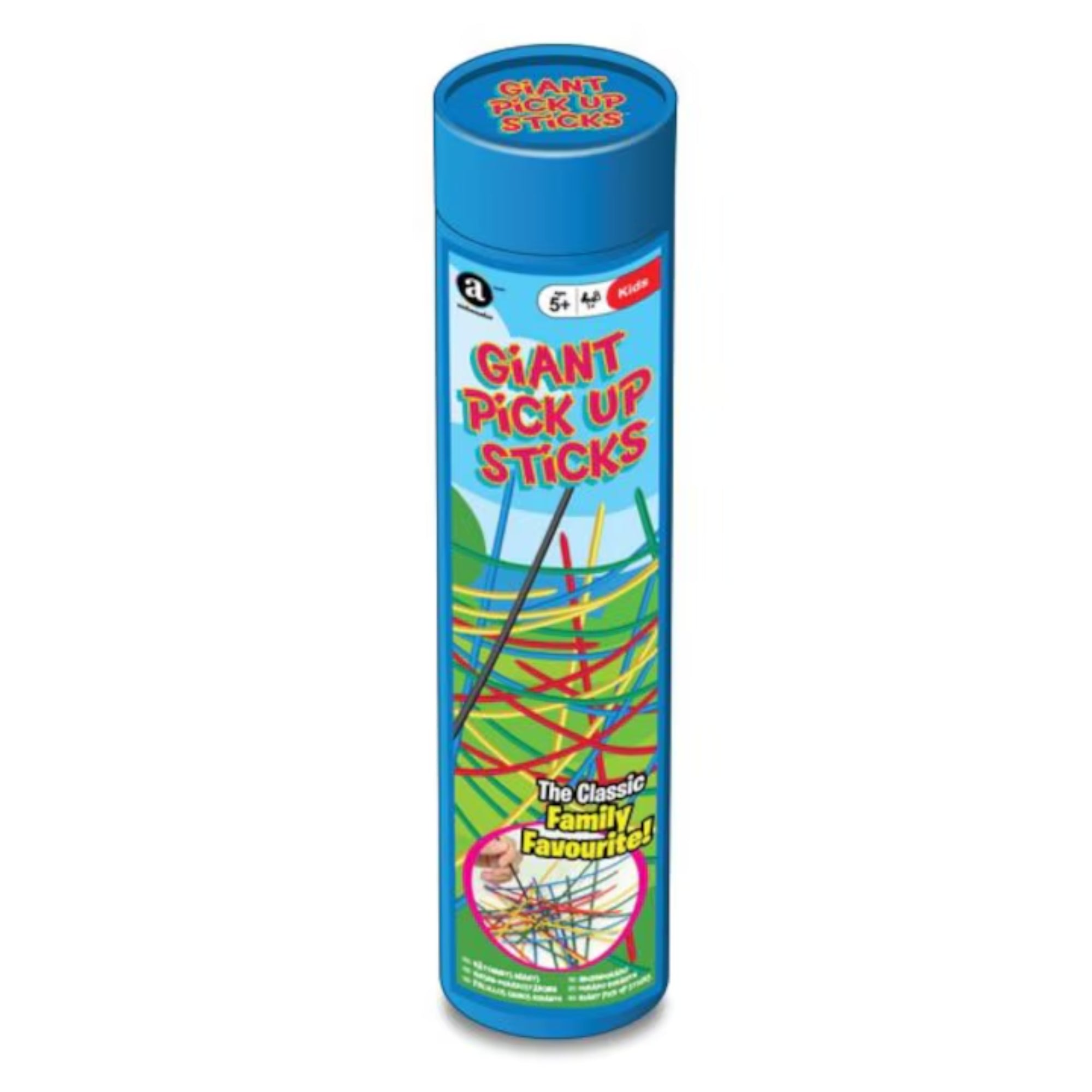 Óriás Marokkó játék doboza – Kék henger alakú csomagolás „Giant Pick Up Sticks” felirattal, színes pálcikák ábrájával és a klasszikus családi játék bemutatásával.