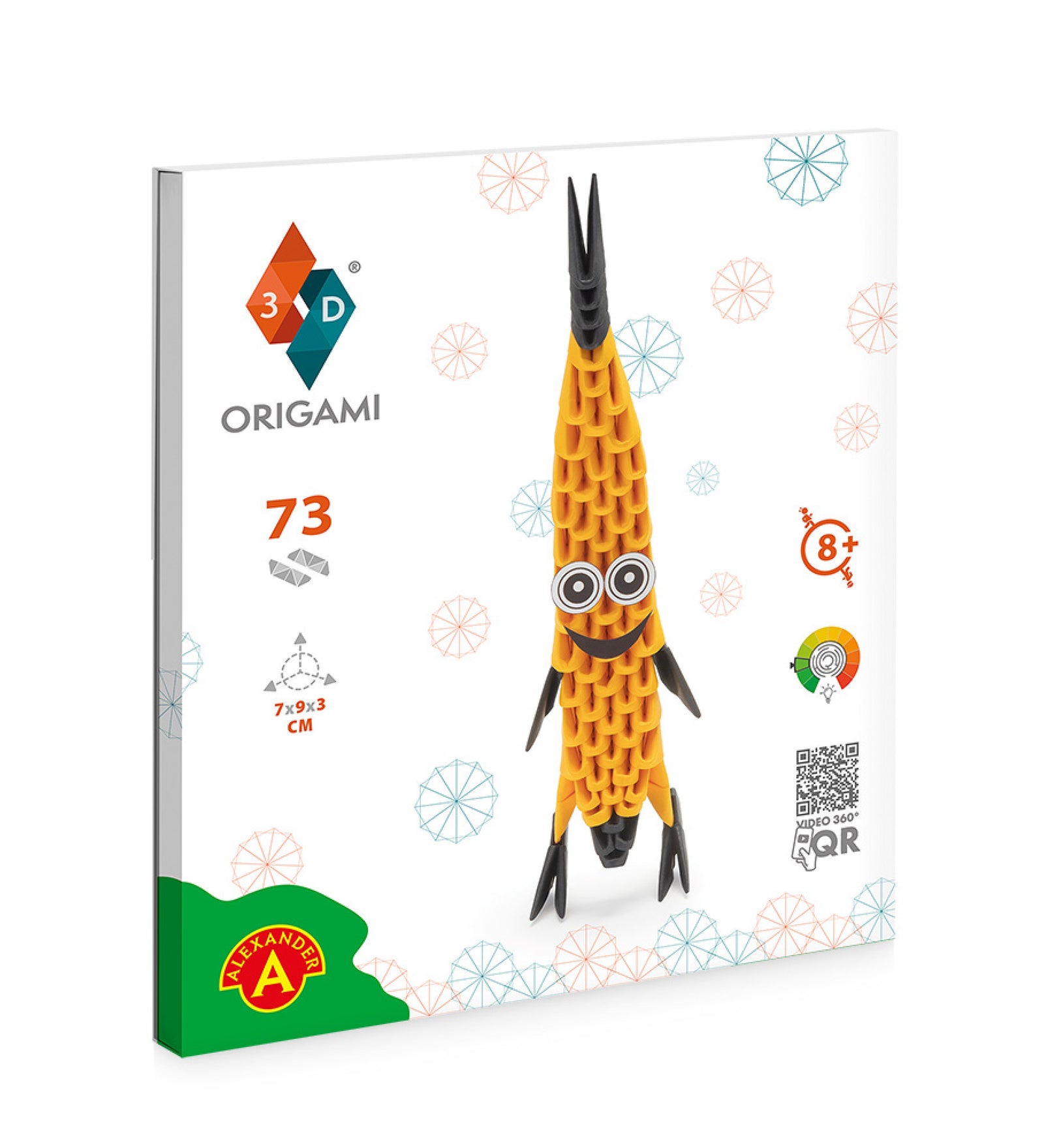 Alexander 3D Origami – Banán készlet doboza, vidám sárga és fekete színű, mosolygó banánfigurával és 73 darabos origami elemmel.