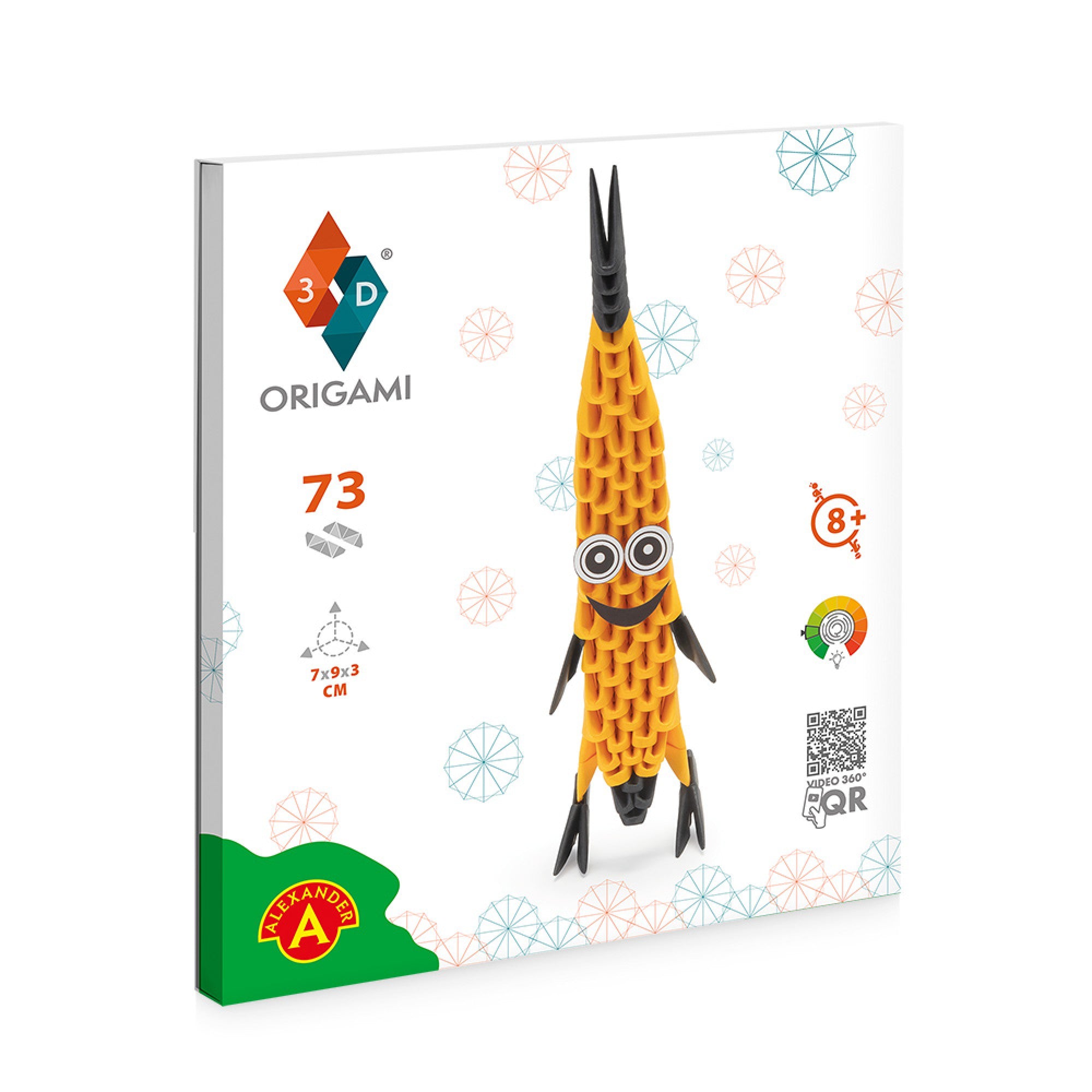Alexander 3D Origami – Banán készlet doboza, vidám sárga és fekete színű, mosolygó banánfigurával és 73 darabos origami elemmel.