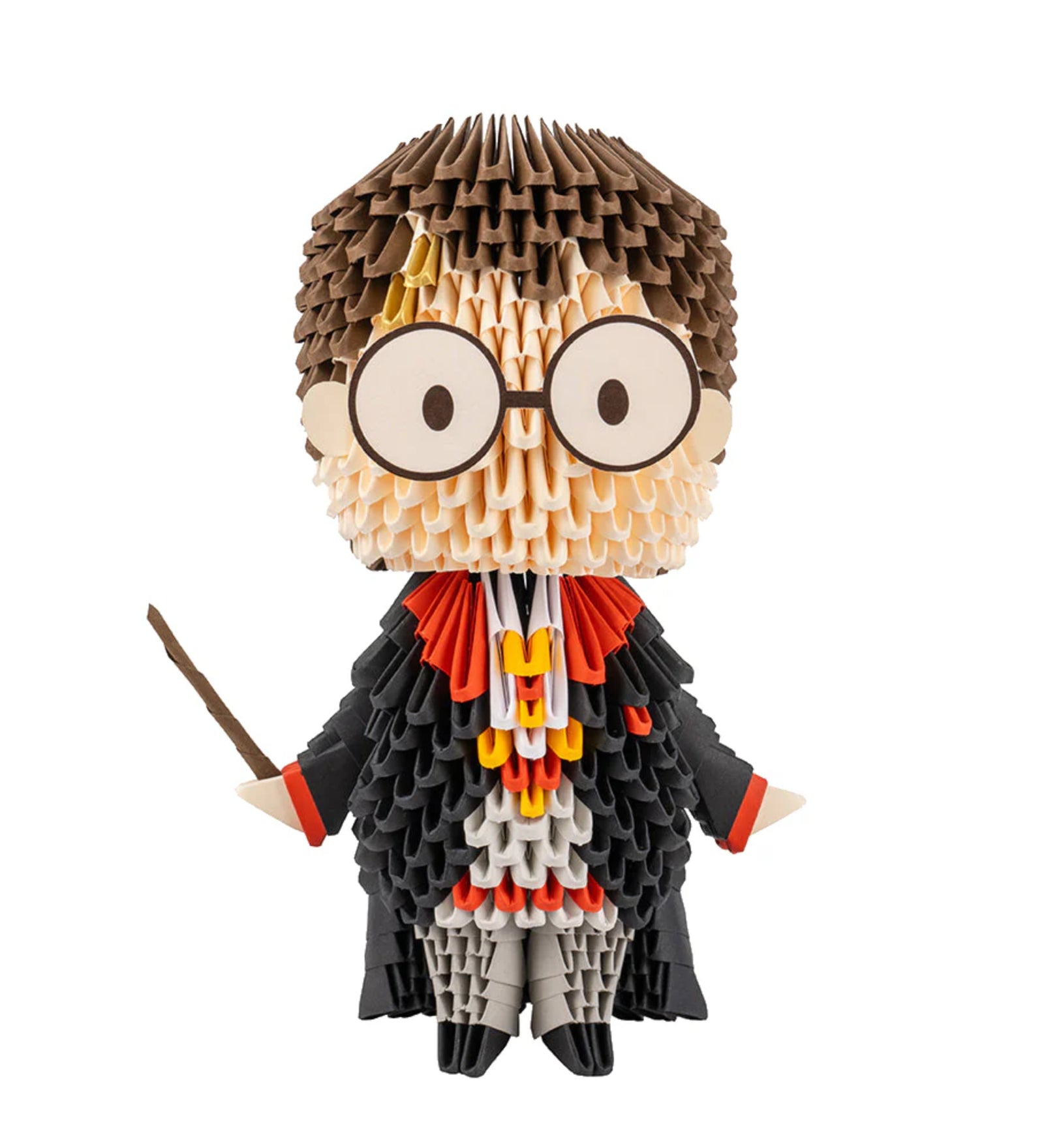 A képen egy lenyűgöző, 3D origami technikával készült Harry Potter figura látható a Creagami készletből. A részletes kidolgozás és a színes elemek különleges dekorációvá teszik.