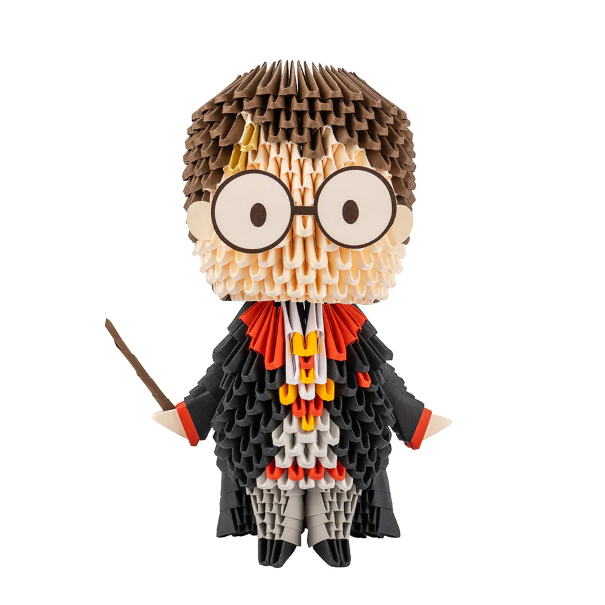 A képen egy lenyűgöző, 3D origami technikával készült Harry Potter figura látható a Creagami készletből. A részletes kidolgozás és a színes elemek különleges dekorációvá teszik.