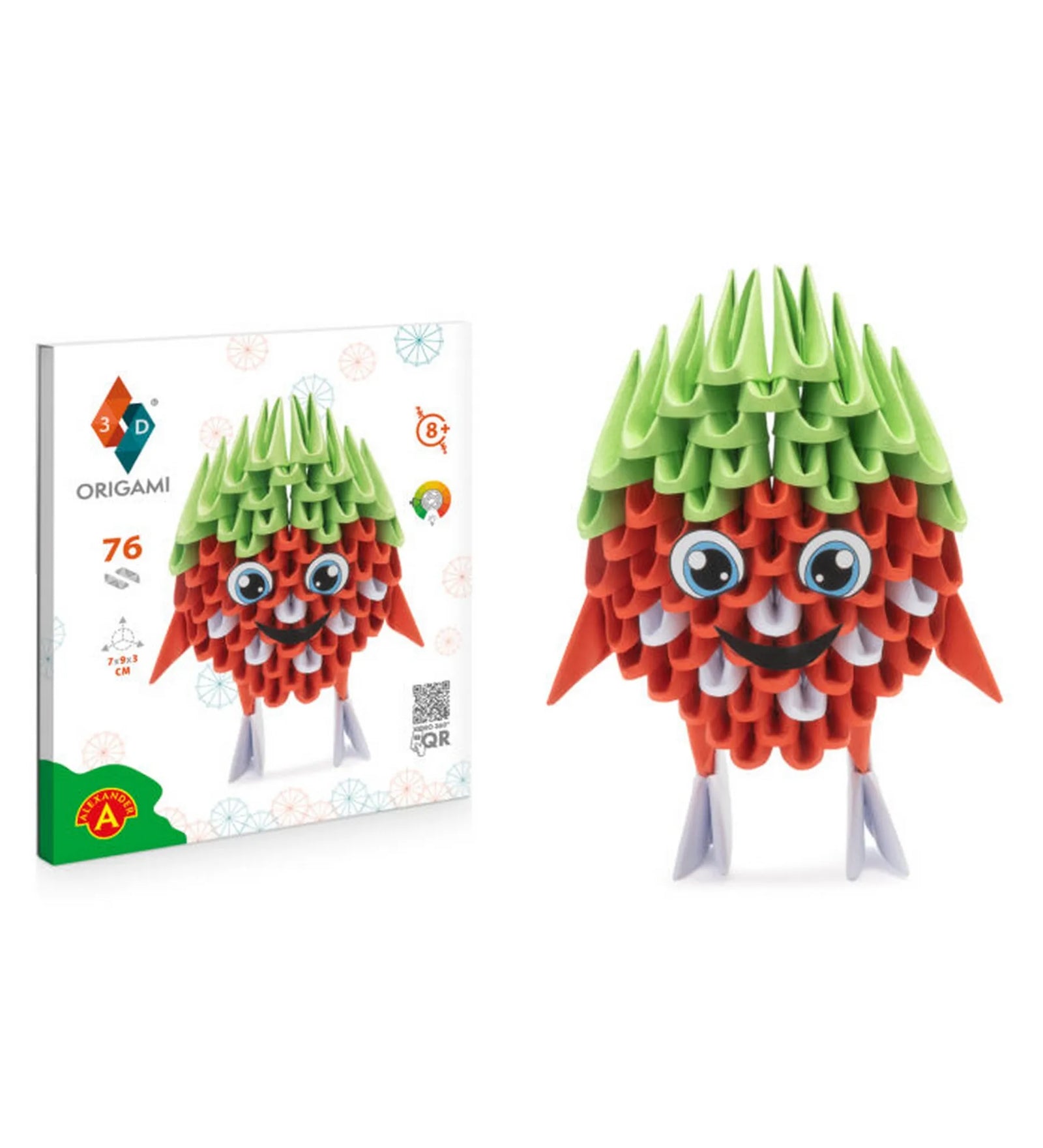 A 3D Origami Eper (76 darabos) készlet doboza a mellette álló elkészült, vidám eperfigurával, amely zöld leveleket és kék szemeket visel.