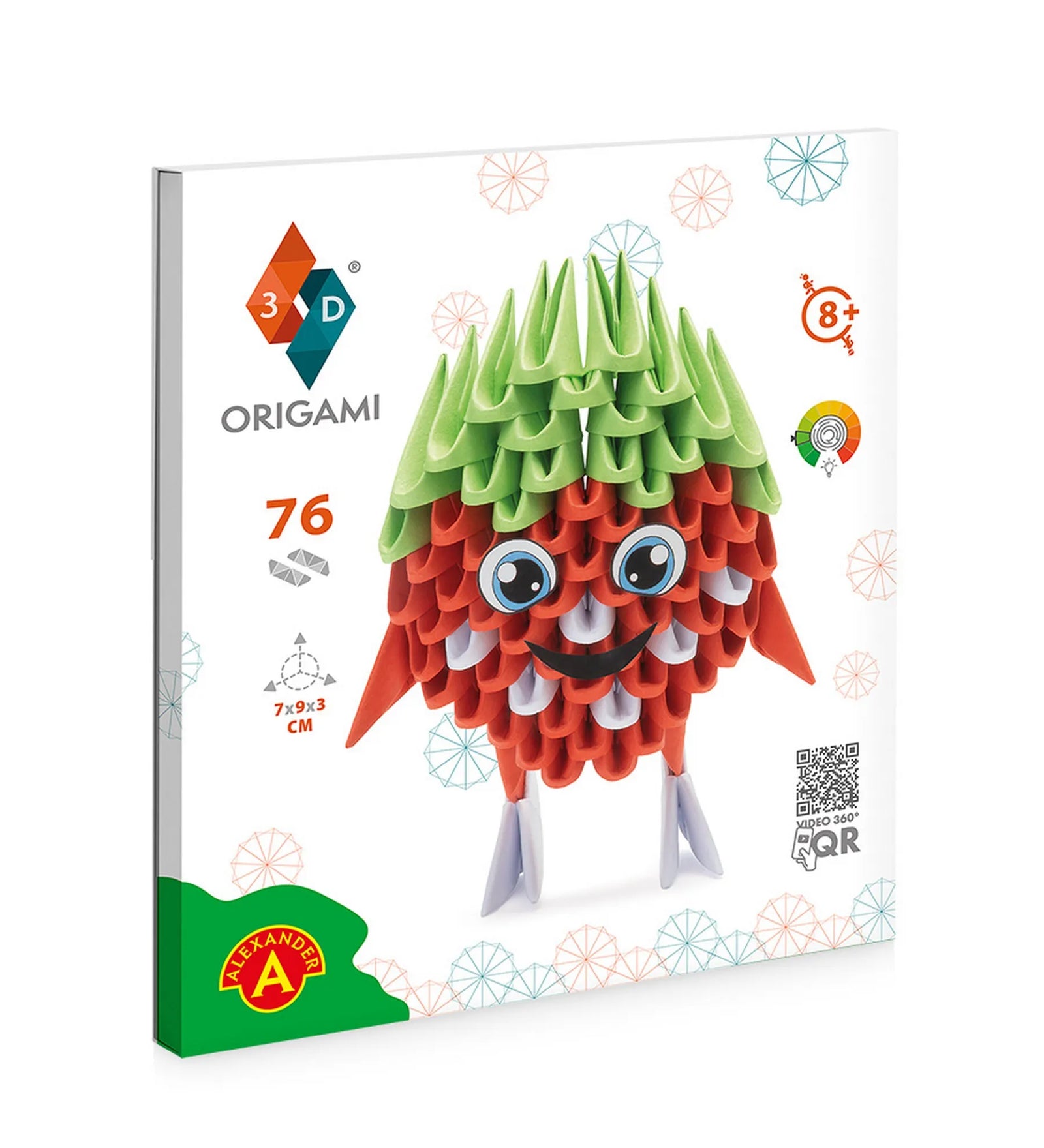 A 3D Origami Eper (76 darabos) készlet dobozának előlapja, amelyen a piros-zöld eperfigura és a termék logója látható fehér háttéren.