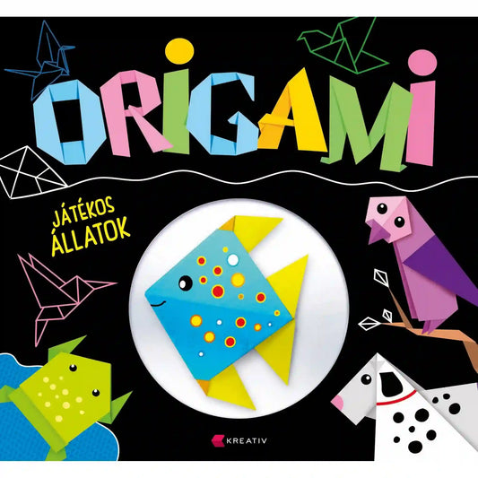 Origami – Játékos állatok kreatív origami füzet borítója színes papírhajtogatott állatfigurákkal és hal mintával fekete háttéren.