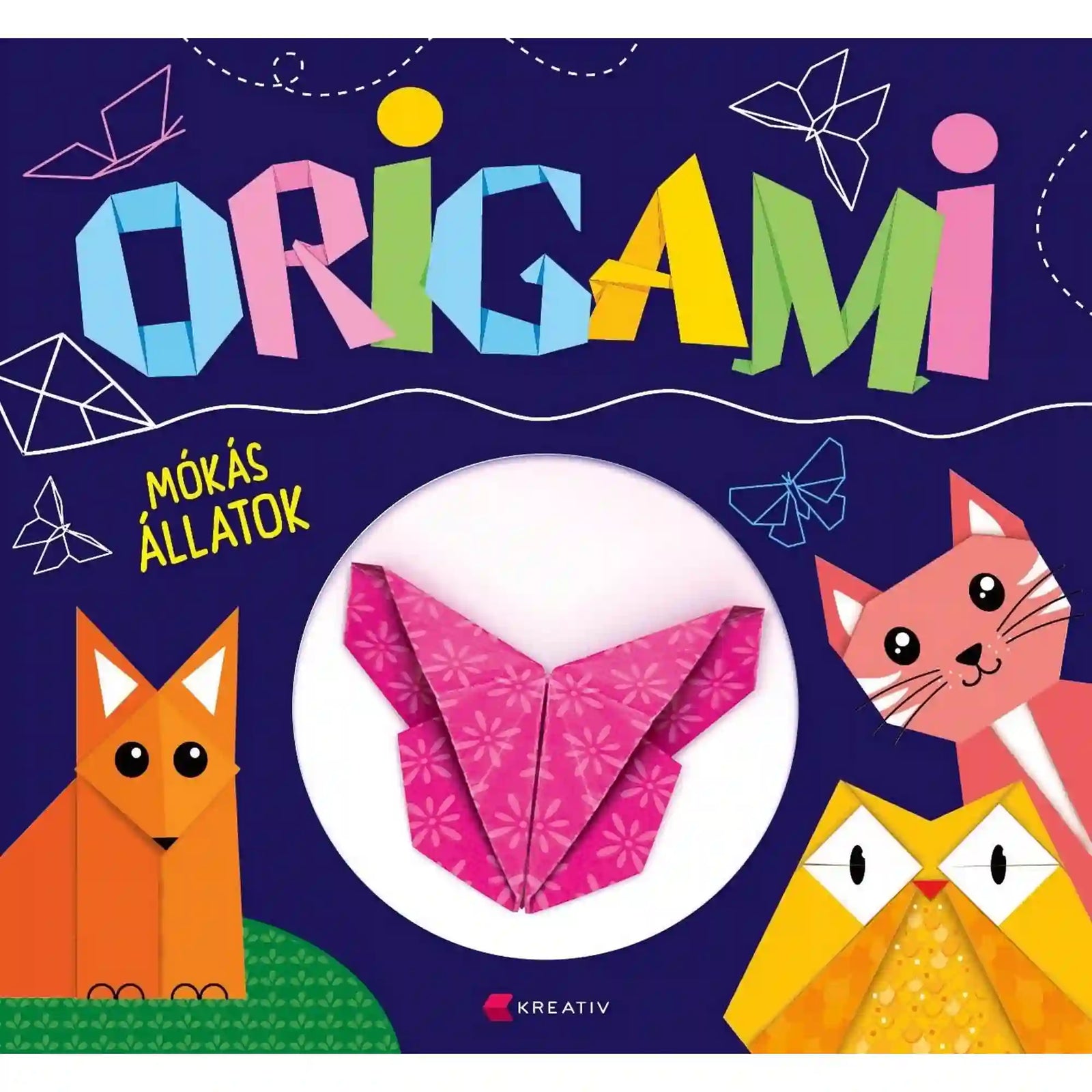 Origami – Mókás állatok könyv borítója színes papírhajtogatott állatokkal és rózsaszín origami rókával a középen.