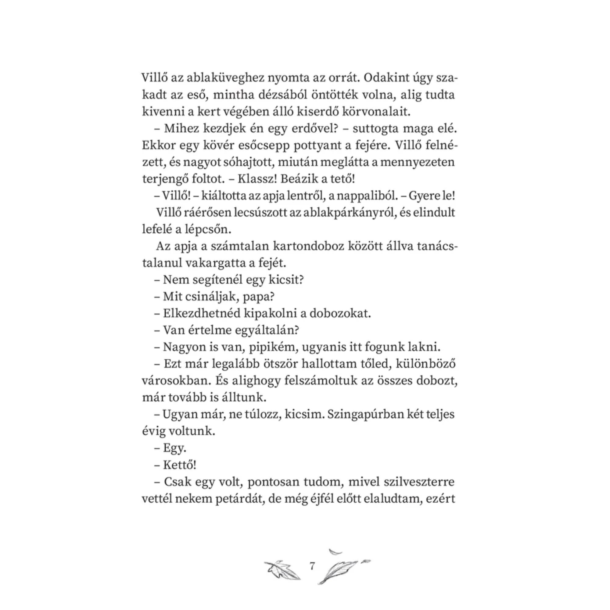 Fekete-fehér könyvlap illusztrációval: a szöveg az ablakhoz nyomódó kislány gondolatait és beszélgetését írja le. Az oldal alján dekoratív elemek, köztük kis ágak, levelek és tollak stilizált rajzai.