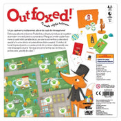 Az Outfoxed! – A ravasz róka nyomában társasjáték dobozának hátoldala a játéktáblával, játékelemekkel és a játékleírással.