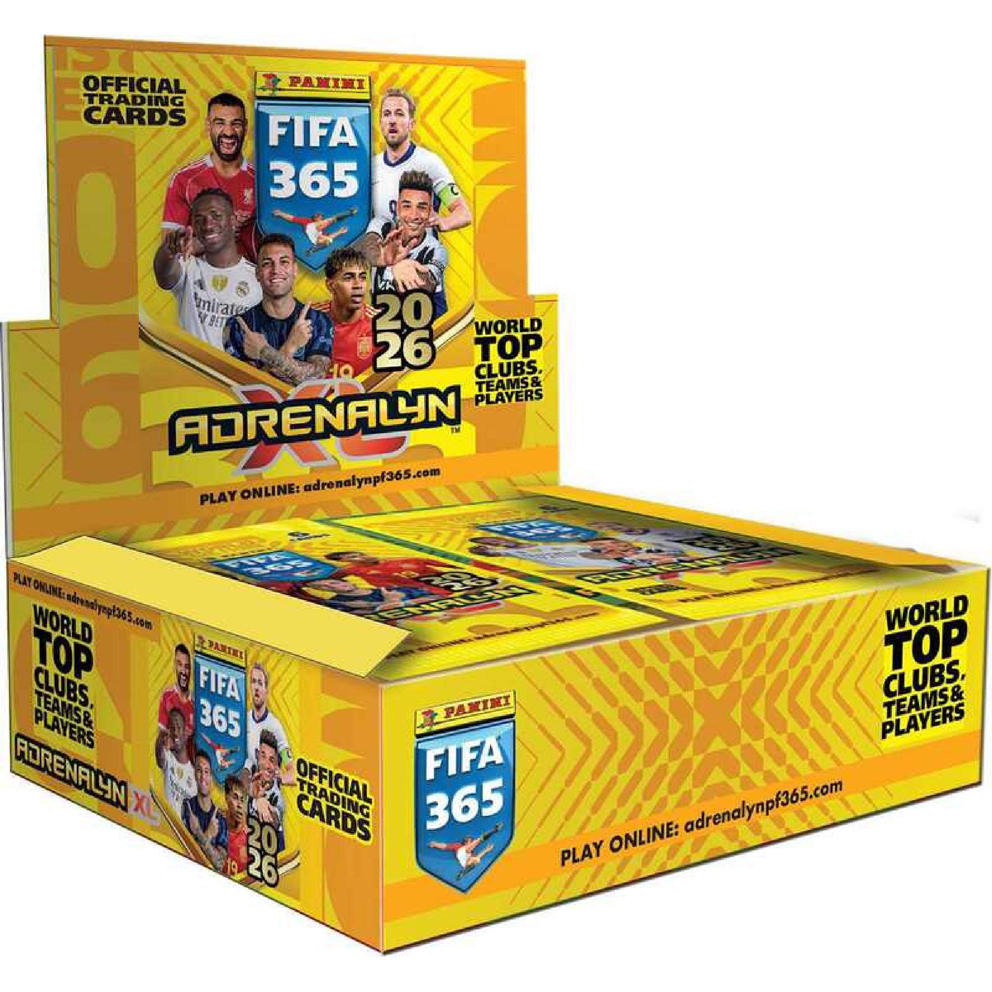 Panini FIFA 365 2025–2026 Adrenalyn XL gyűjtőkártya display box 24 csomaggal, sárga FIFA 365 doboz világhírű futballjátékosok grafikájával