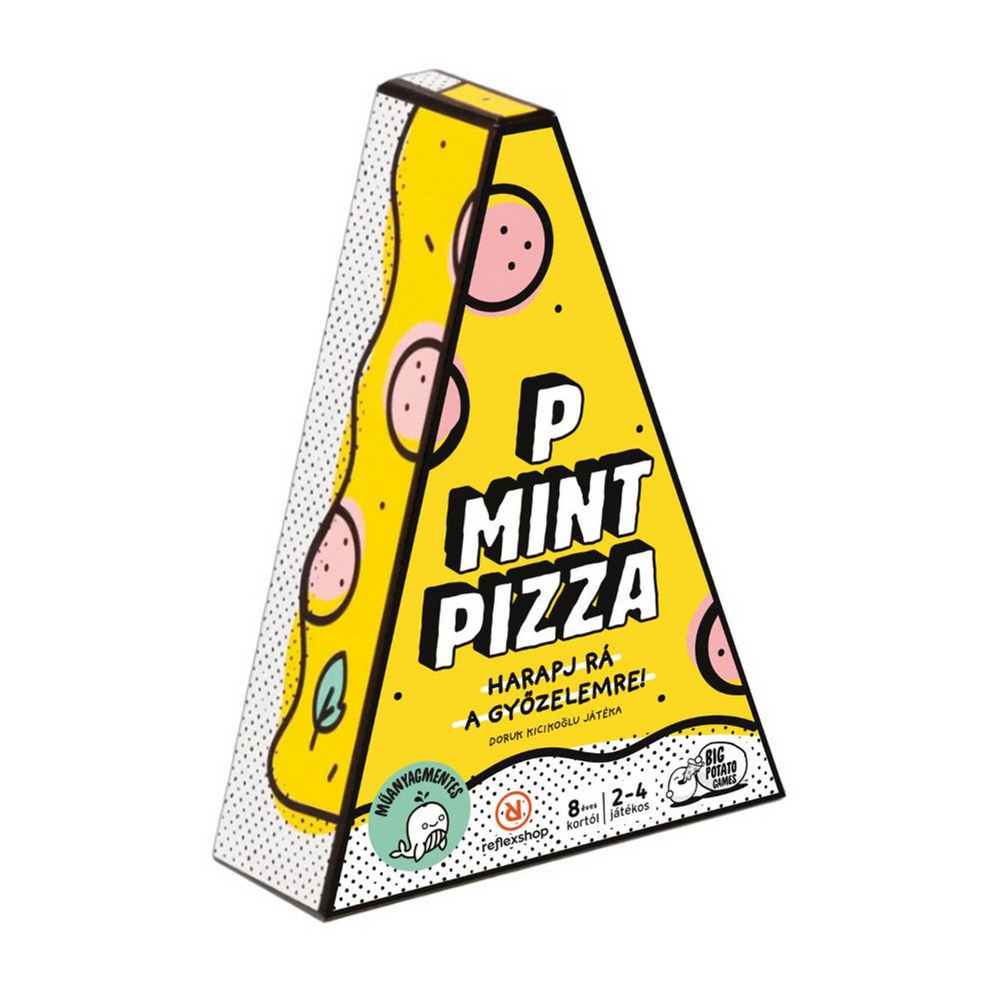 P Mint Pizza társasjáték dobozkép oldalnézetből, pizza szelet formájú csomagolással, sárga alapszínnel, játékos grafikával és gyártói logókkal.
