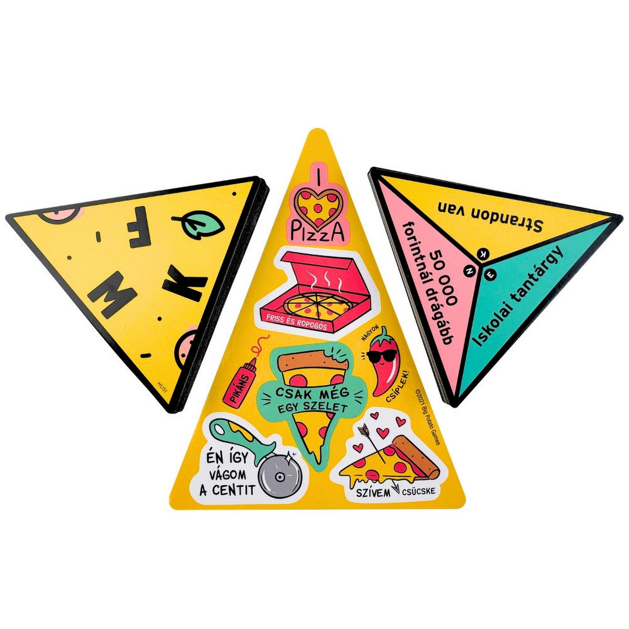 P Mint Pizza háromszög alakú kártyák közelről, betűkkel és tematikus kategóriákkal ellátva, jól látható, színes grafikai elemekkel.
