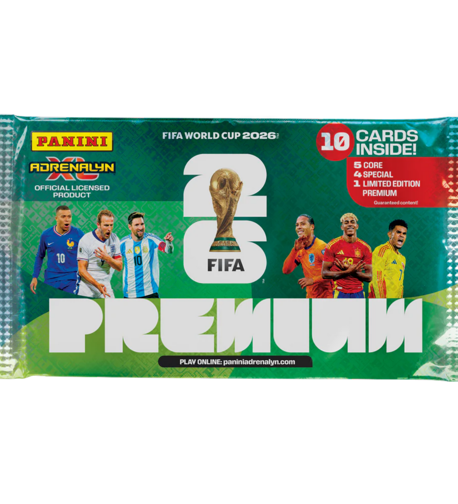 Panini FIFA World Cup 2026 Adrenalyn XL Premium gyűjtőkártya csomag, zöld csomagolásban világbajnoki futballsztárokkal és 10 kártyát tartalmazó prémium pakkal