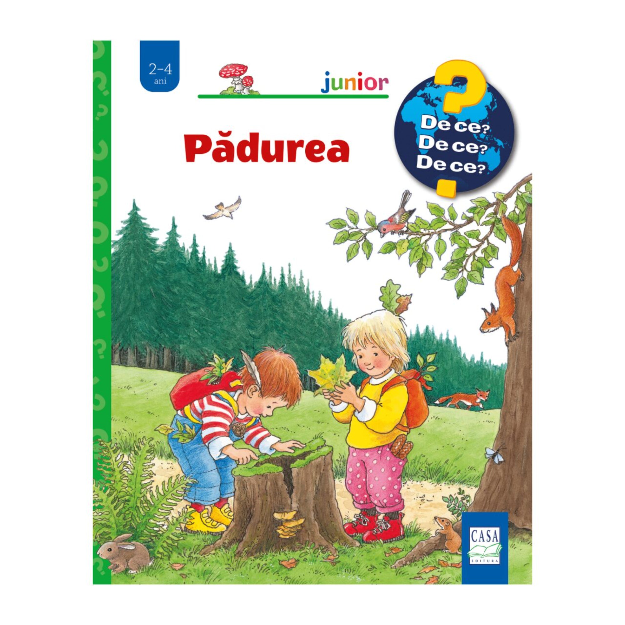 Pădurea – gyerekkönyv borító, amelyen két kisgyerek a fák között játszik, egyik fatönköt vizsgál, másik levelet tart, körülöttük mókus, nyúl, róka és madarak láthatók