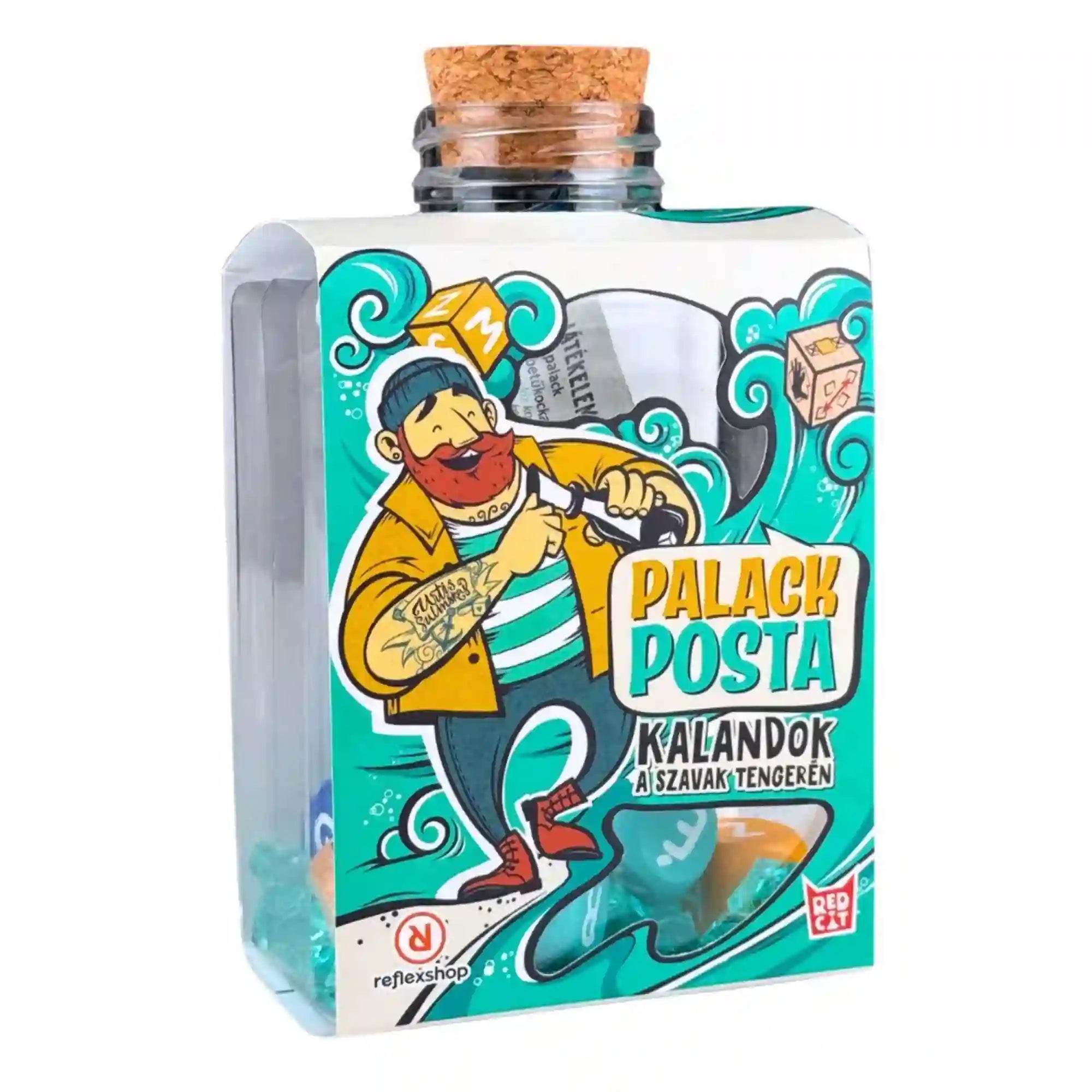 Palackposta – Kalandok a szavak tengerén társasjáték palack alakú csomagolása.