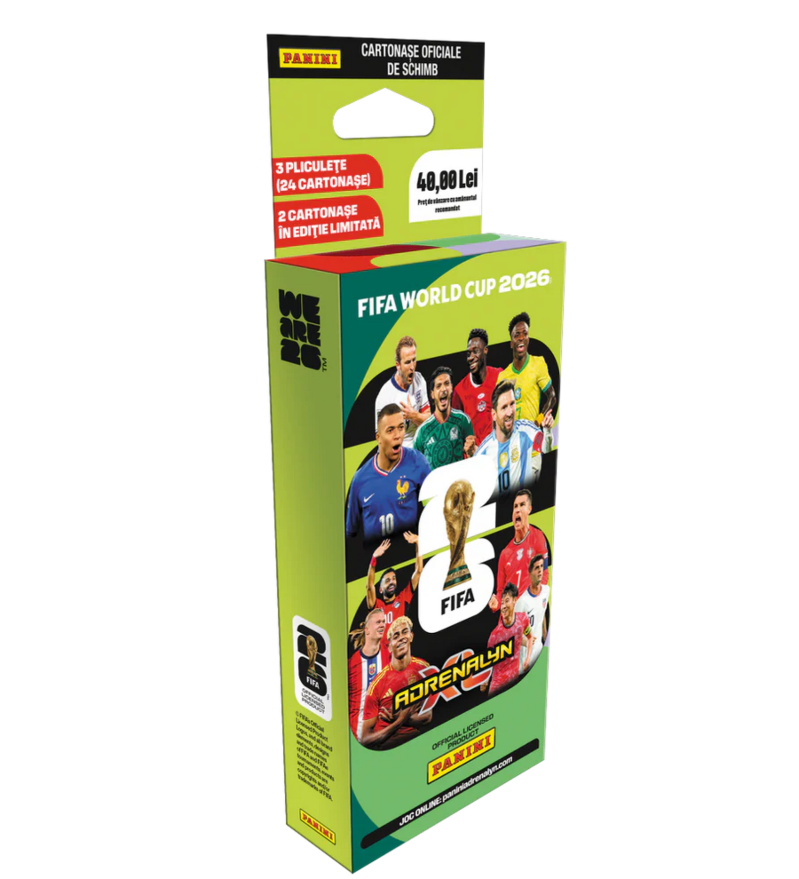 Panini FIFA World Cup 2026 Adrenalyn XL Ecoblister gyűjtőkártya csomag, zöld FIFA világbajnoki csomagolással és futballsztárokat ábrázoló grafikákkal