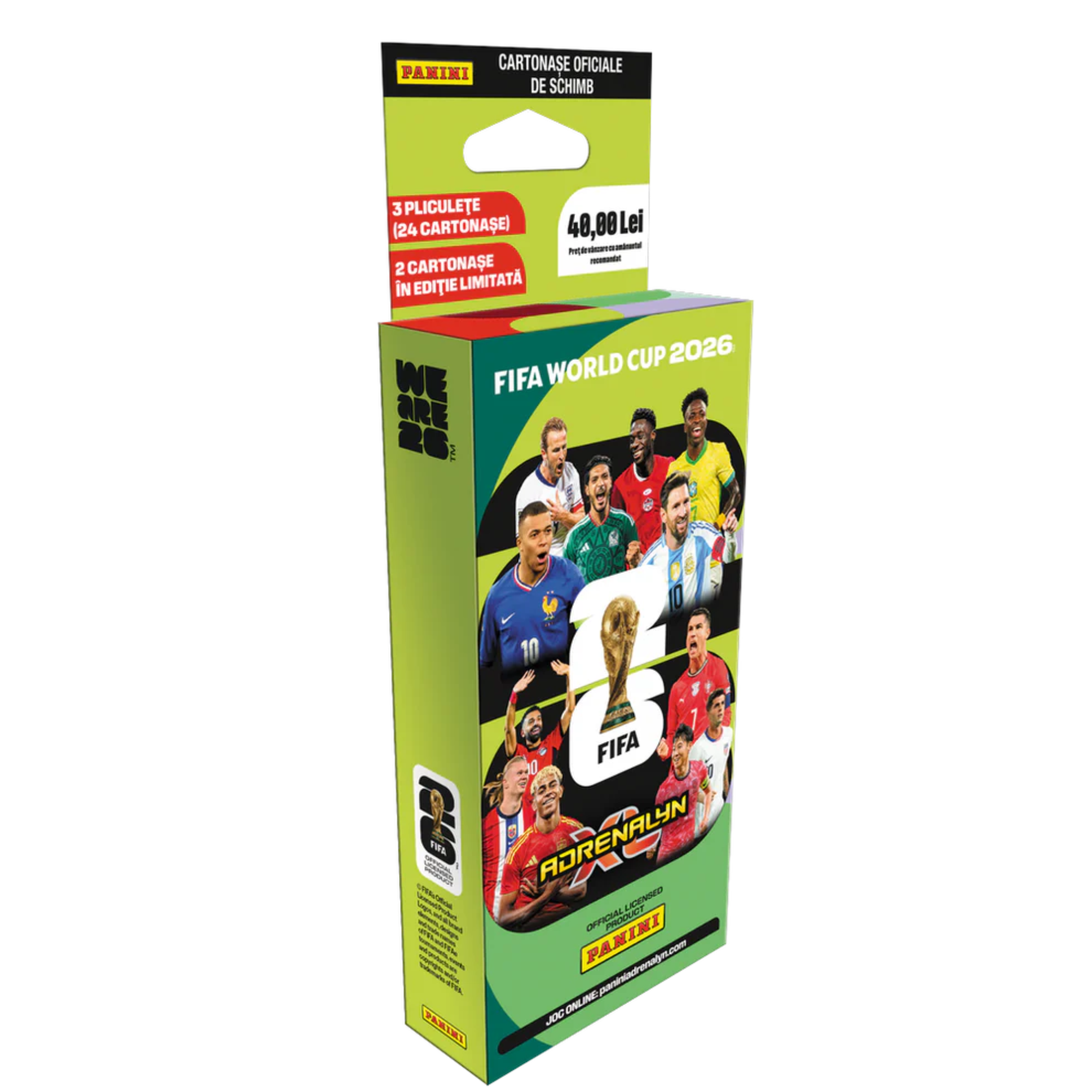 Panini FIFA World Cup 2026 Adrenalyn XL Ecoblister gyűjtőkártya csomag, zöld FIFA világbajnoki csomagolással és futballsztárokat ábrázoló grafikákkal