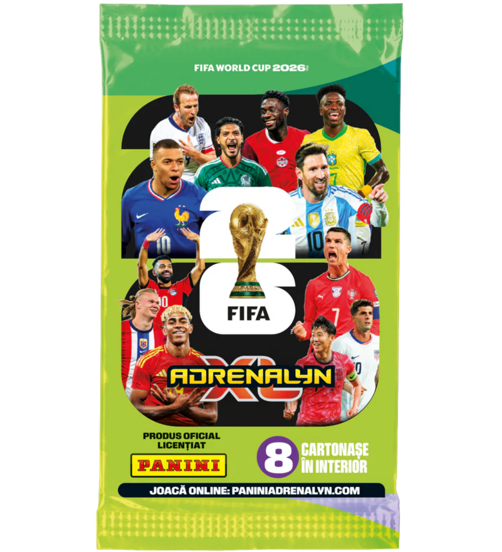 Panini FIFA World Cup 2026 Adrenalyn XL gyűjtőkártya csomag, zöld csomagolásban világbajnoki futballsztárok grafikájával és 8 kártyát tartalmazó booster pakkal