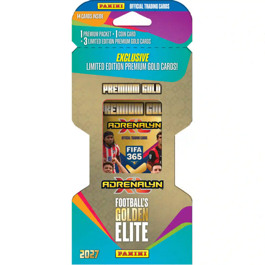 Panini Adrenalyn XL FIFA 365 2027 Premium Gold focis gyűjtőkártya csomag, 14 kártyával és 3 limitált kiadású Premium Gold kártyával.