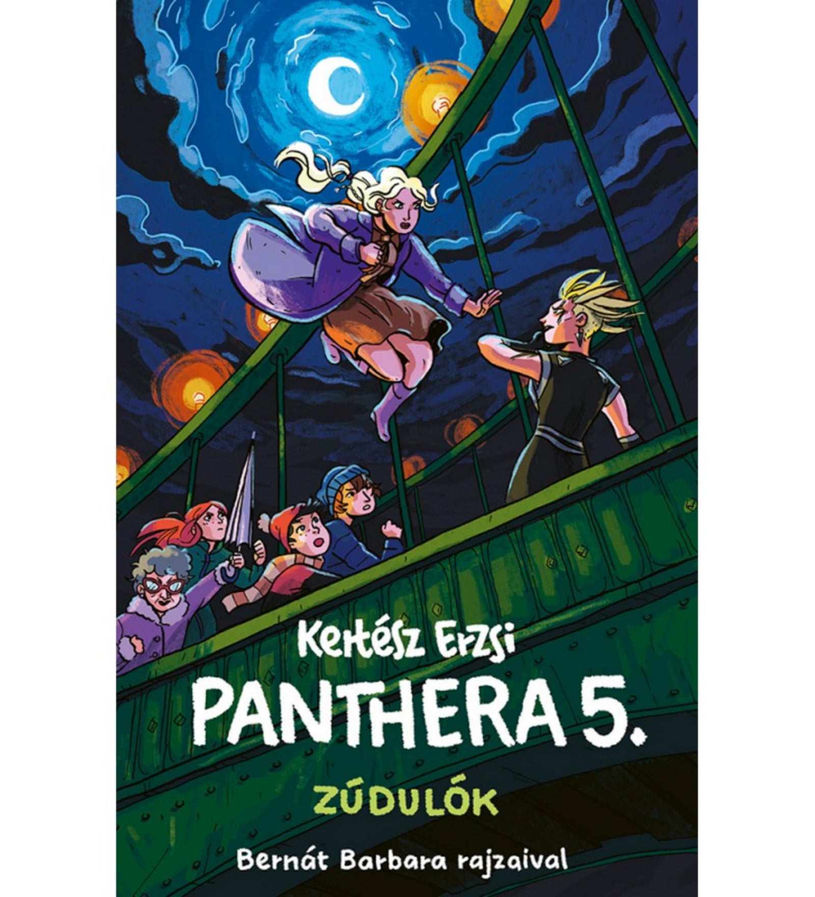 Kertész Erzsi: Panthera 5. – Zúdulók könyv borítója, Bernát Barbara illusztrációjával. A kép egy izgalmas éjszakai jelenetet ábrázol hídon, teliholdas, örvénylő égbolt alatt. Egy szőke hajú lány lendületesen ugrik a híd korlátjáról egy fekete ruhás ellenfél felé. Alul több szereplő, köztük kardot tartó és meglepett arcú fiatalok figyelik az eseményt. A drámai hangulatot a sötétkék égbolt és a fénylő lámpások erősítik.