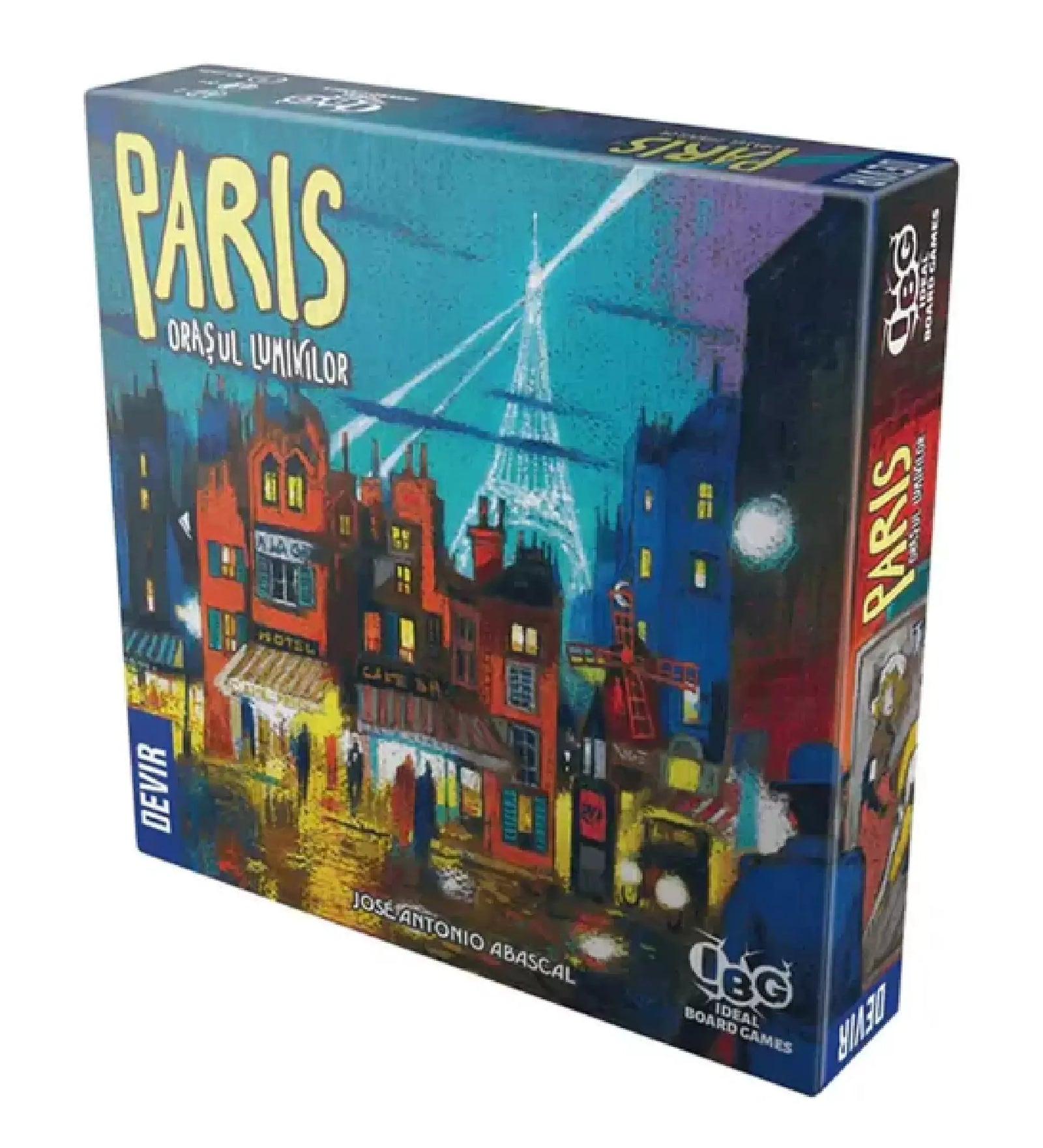 A Paris: A fények városa társasjáték doboza, amely egy festői párizsi éjszakai jelenetet ábrázol az Eiffel-toronnyal.