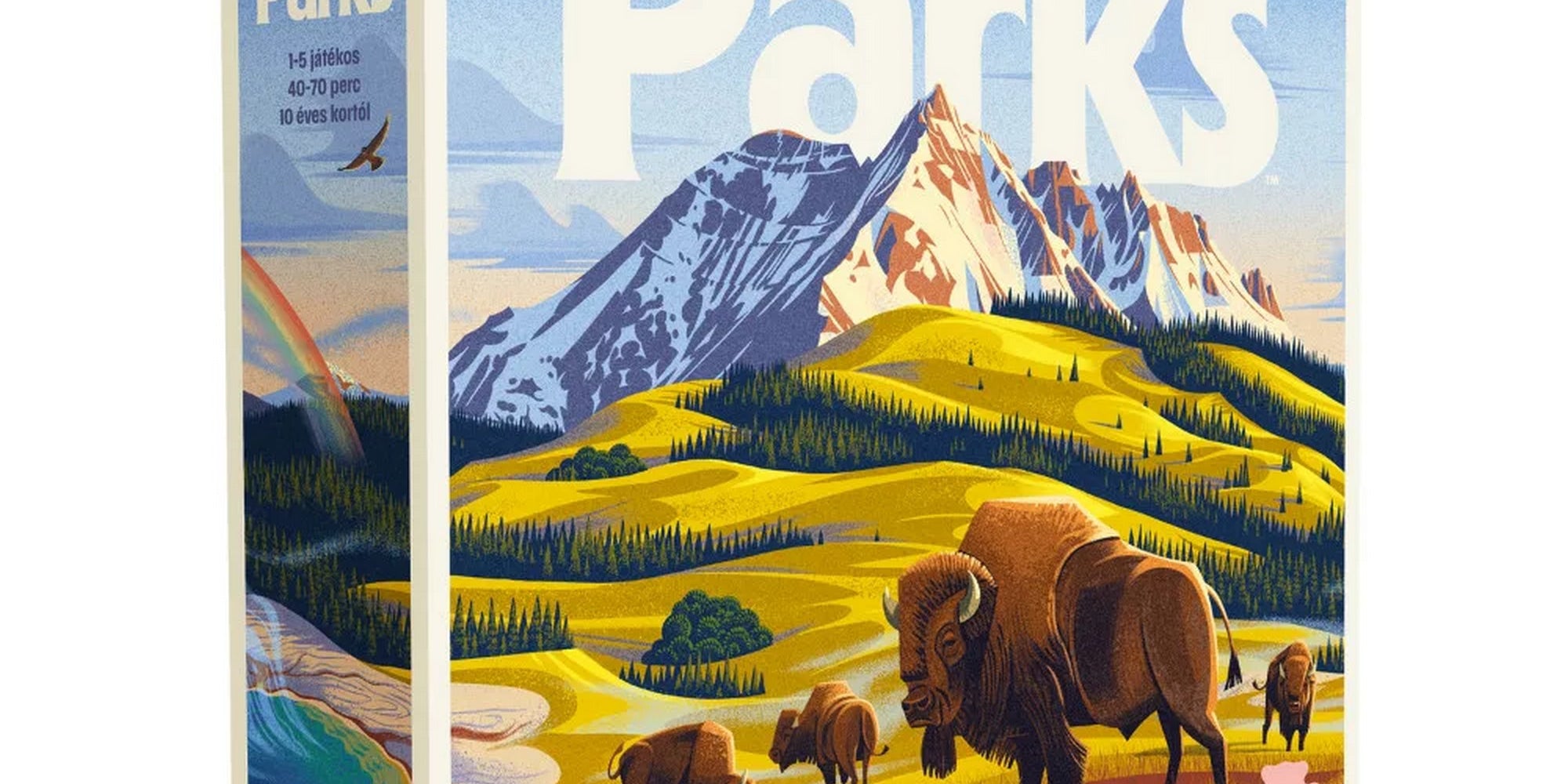 Parks társasjáték doboz, hegyvidéki táj illusztrációval, bölényekkel és nemzeti park hangulatú grafikával.